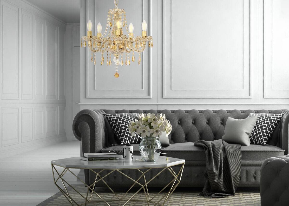 Nowa Lüsterkrone 15100545 gold klar Acryl Metall B/H/T: ca. 48x150x48 cm E14 5 Brennstellen