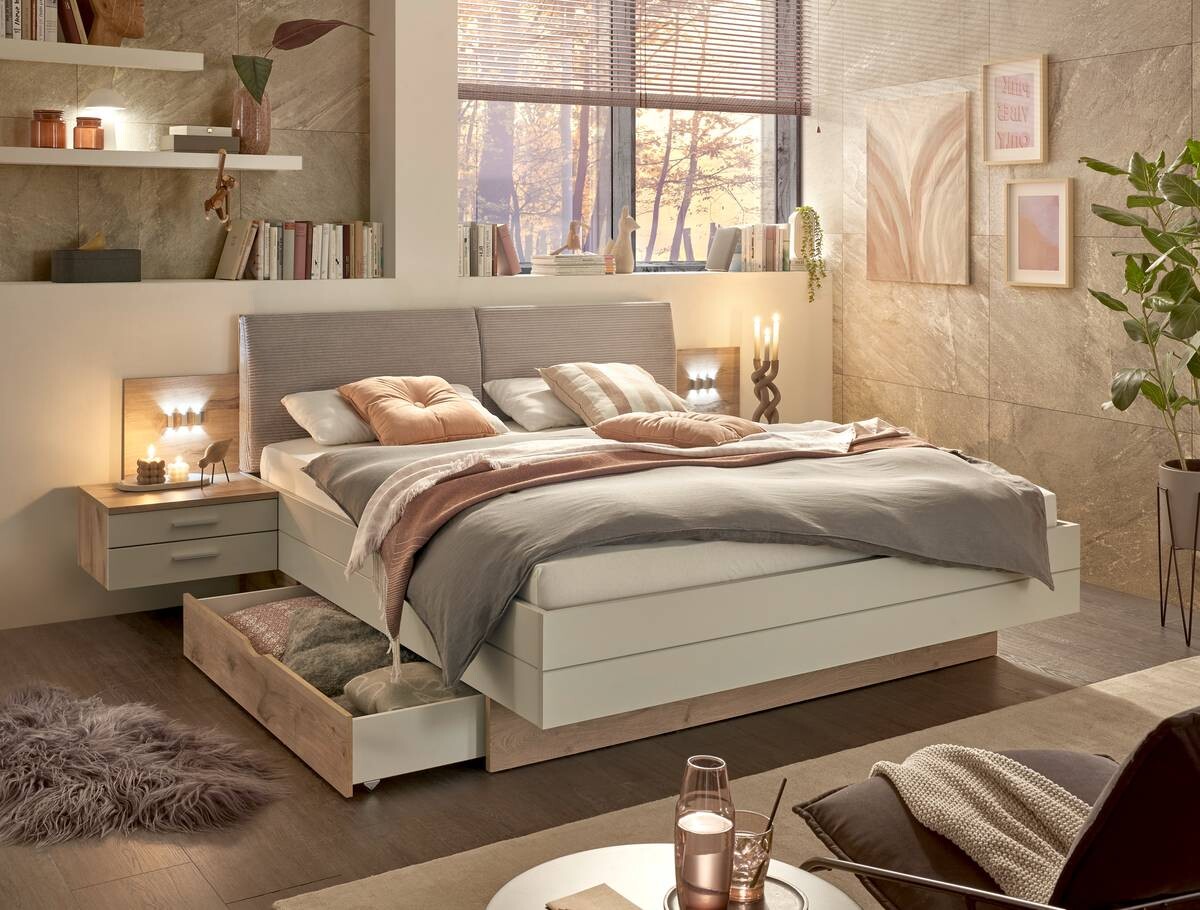 Bettanlage Moledo Eiche Viking Nachbildung hellgrau B/H/T: ca. 296x102x216 cm Liegefläche B/L: ca. 180x200 cm