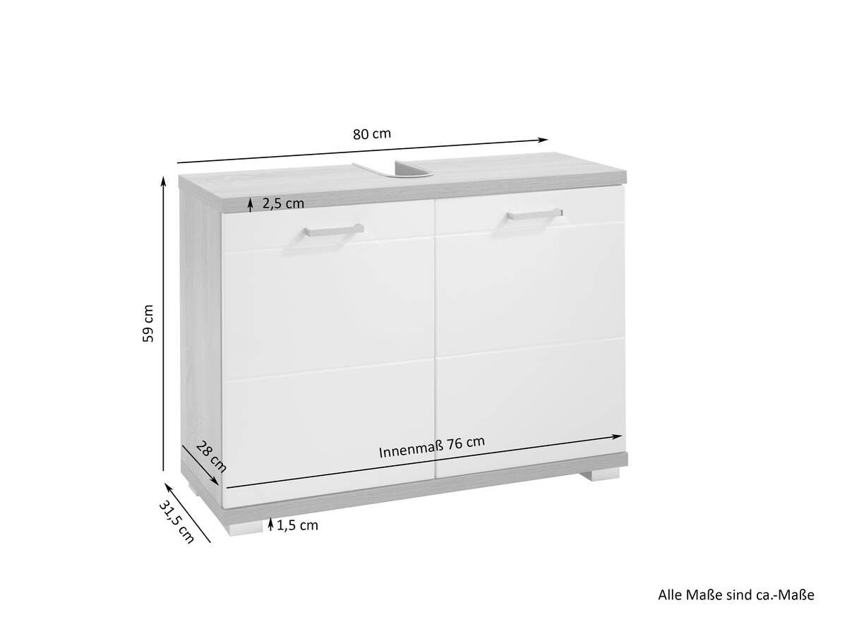 Waschbeckenunterschrank NEBRASKA Eiche Nachbildung weiß Hochglanz silber verchromt B/H/T: ca. 80x59x31,5 cm