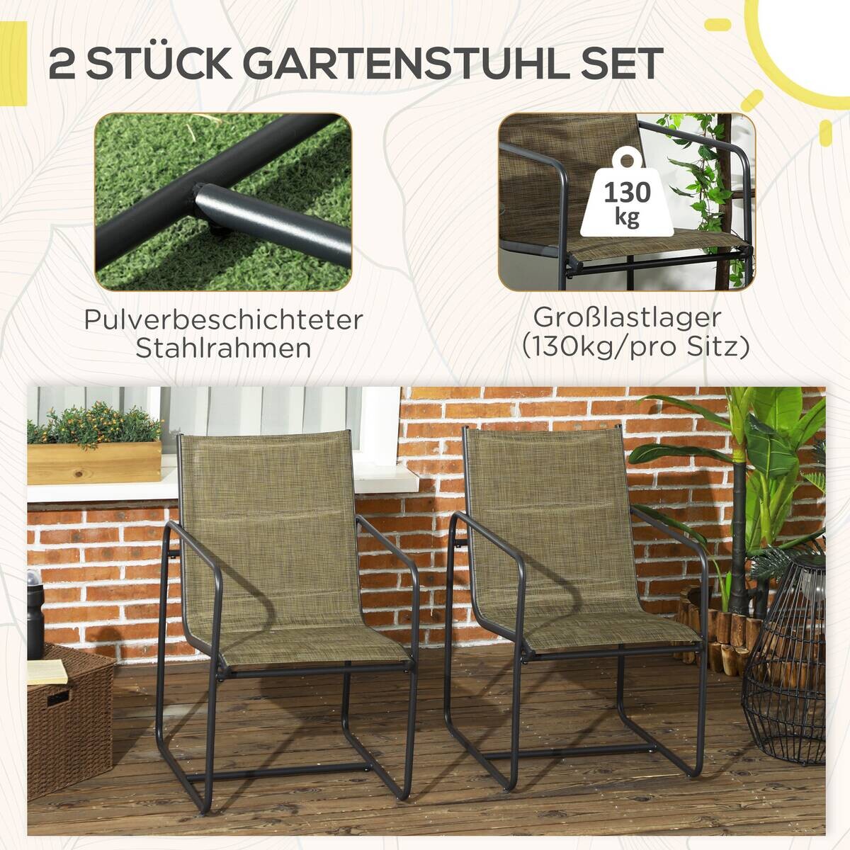 Outsunny Gartenstuhl 2er-Set braun Mesh B/H/L: ca. 66,5x88x54 cm