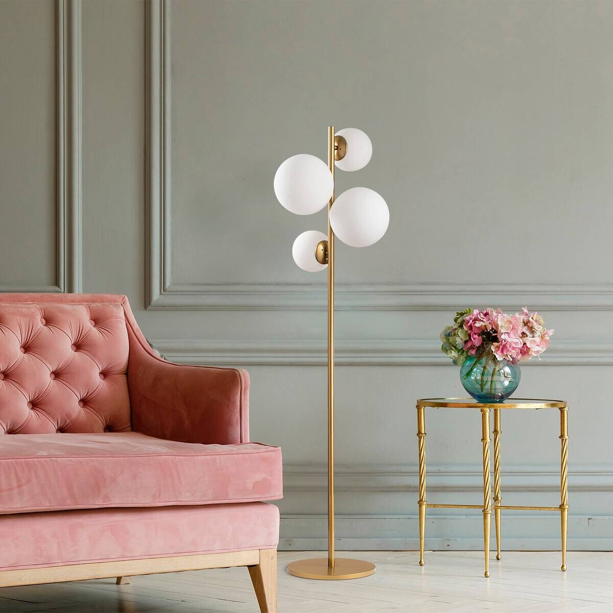 Opviq Stehleuchte gold Glas Metall B/H/T/L/D: ca. 33x162x33x33x33 cm E14 4 Brennstellen