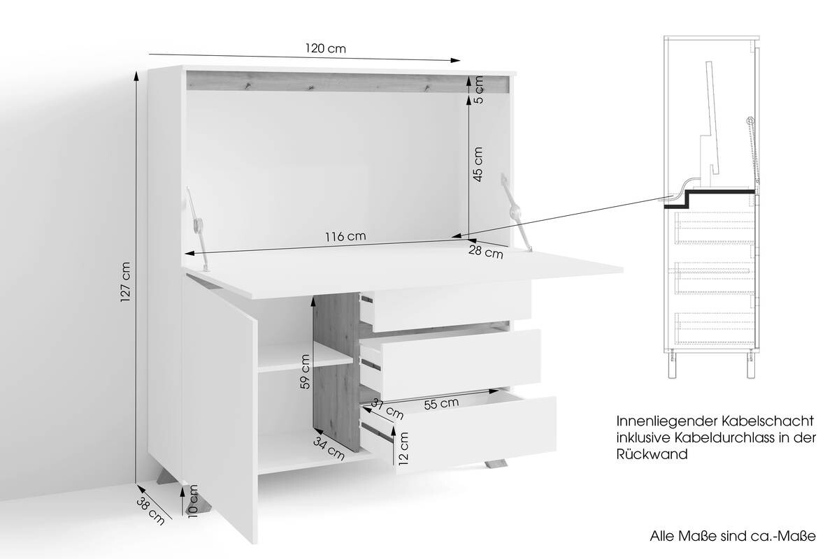 Sekretär VALENTIN weiß matt Eiche Artisan Nachbildung B/H/T: ca. 120x127x38 cm