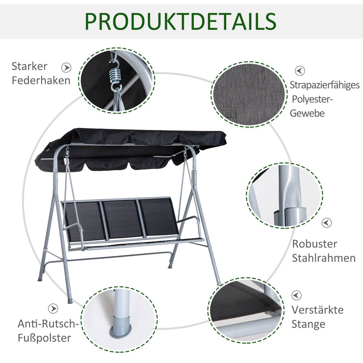 Outsunny Hollywoodschaukel schwarz Metall B/H/L: ca. 110x153x170 cm