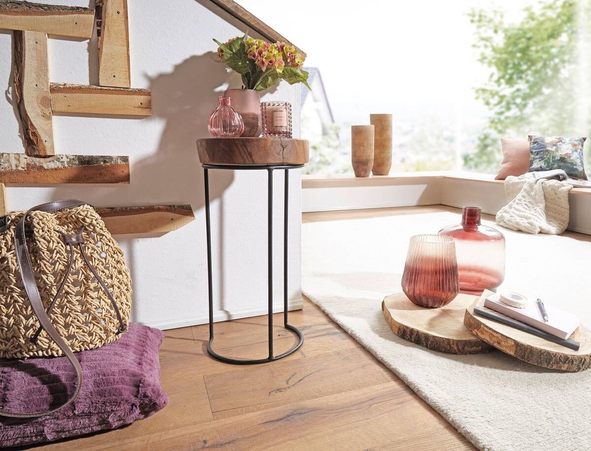 Beistelltisch natur schwarz Echtholz Metall B/H/T: ca. 28x55x28 cm