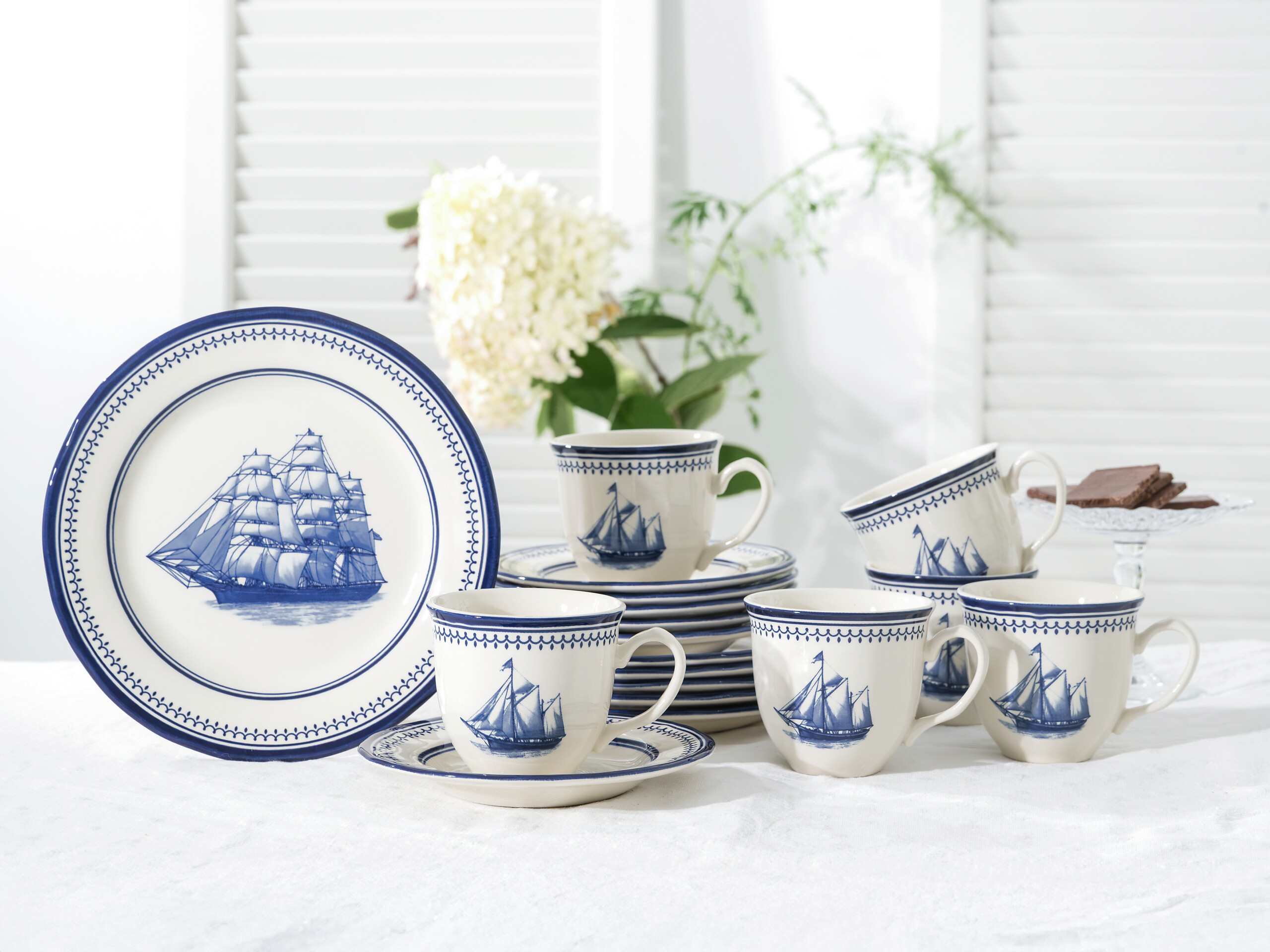 CreaTable Kaffeeservice Segelschiff blau Steingut 18 tlg.