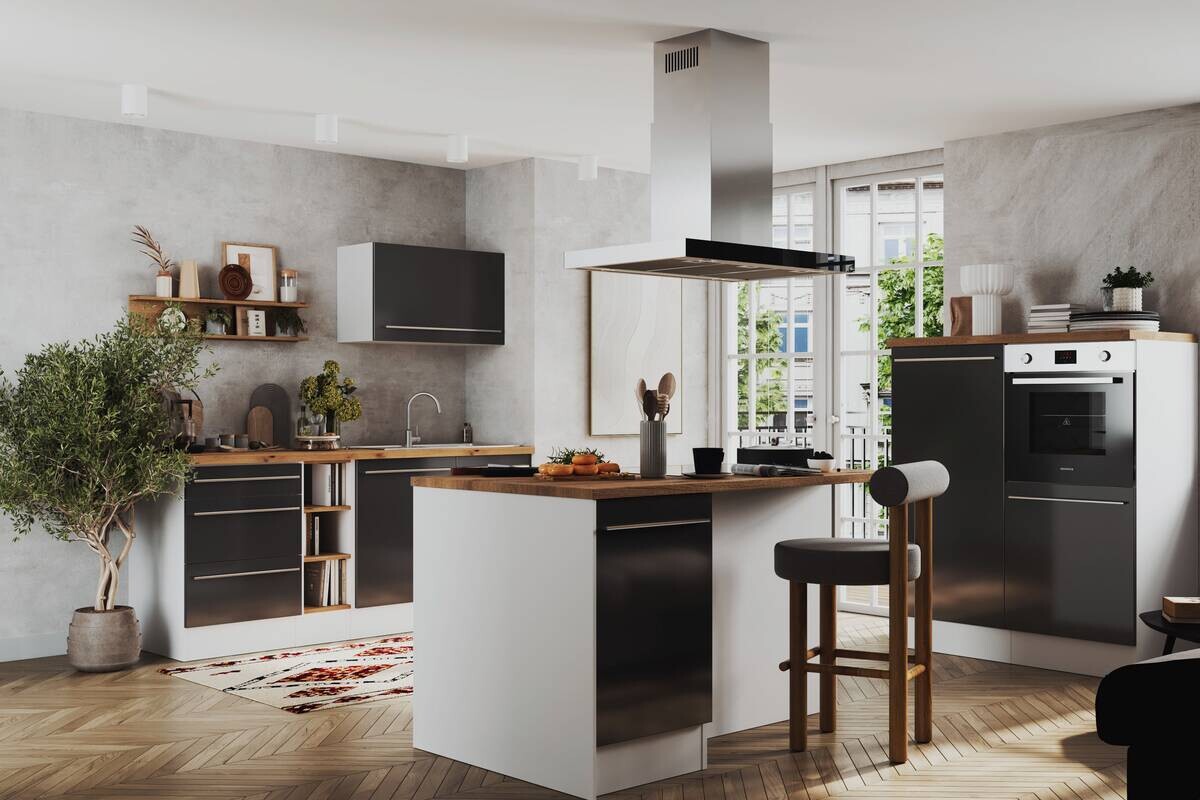 Respekta Inselküche Gabriel grau Hochglanz B/H/T: ca. 320x91x60 cm