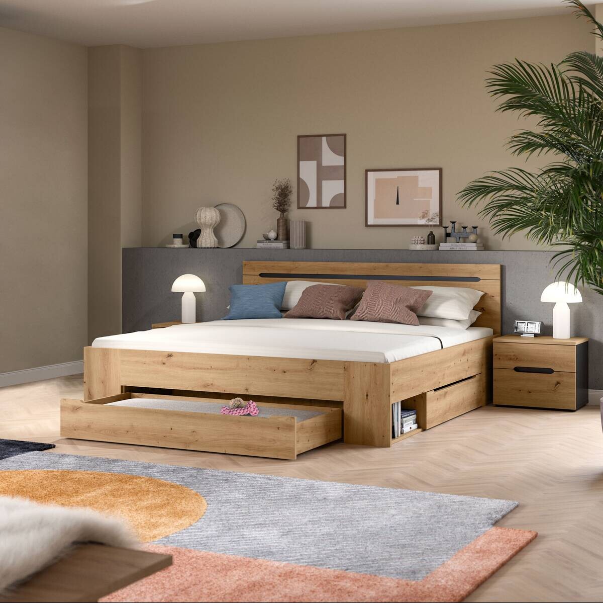 Schlafzimmer CANU, Set basaltgrau Artisan Nachbildung B/H/T: ca. 284x87x205 cm