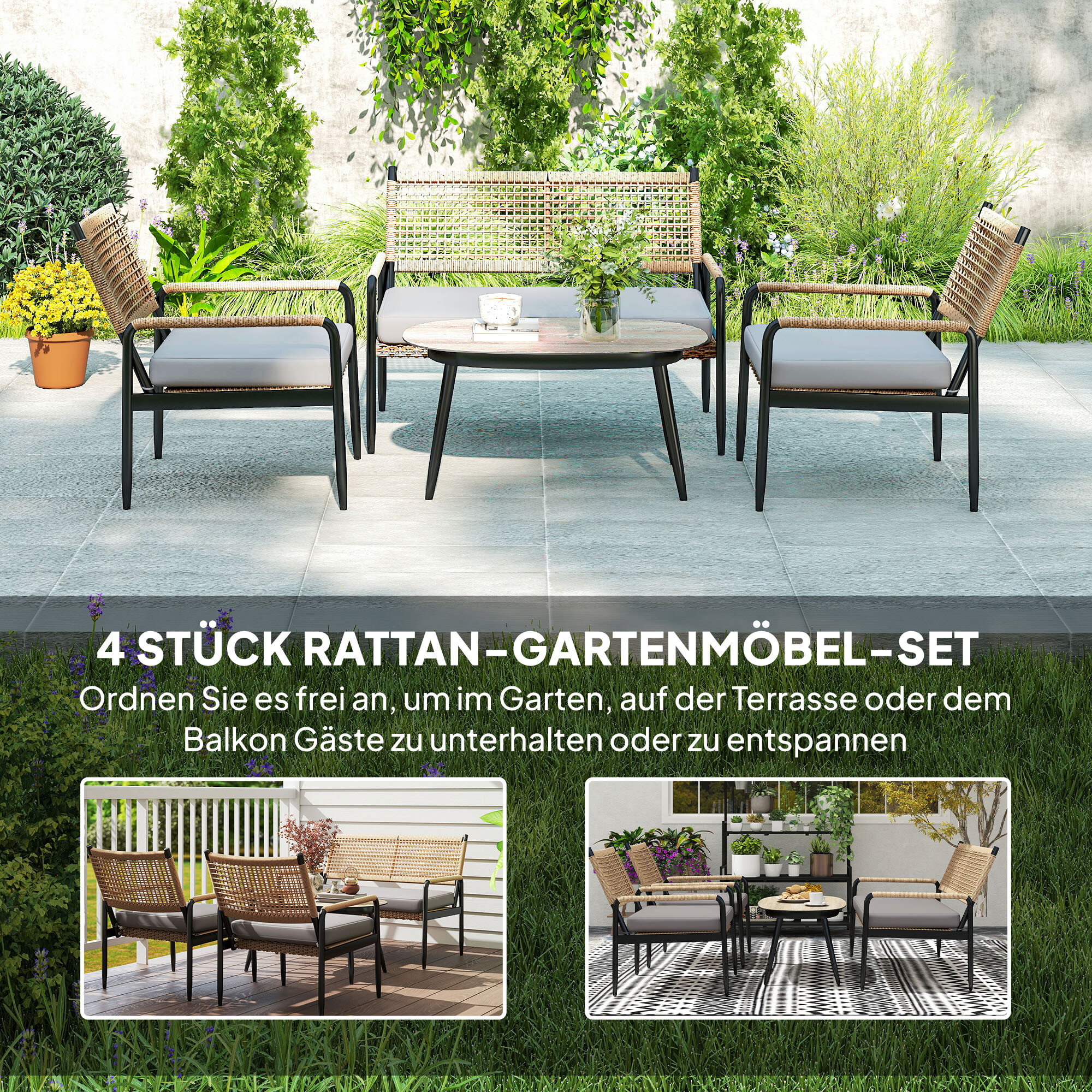 Outsunny Rattan Gartenmöbel-Set dunkelgrau Polyethylen B/H/L: ca. 64x82x112 cm
