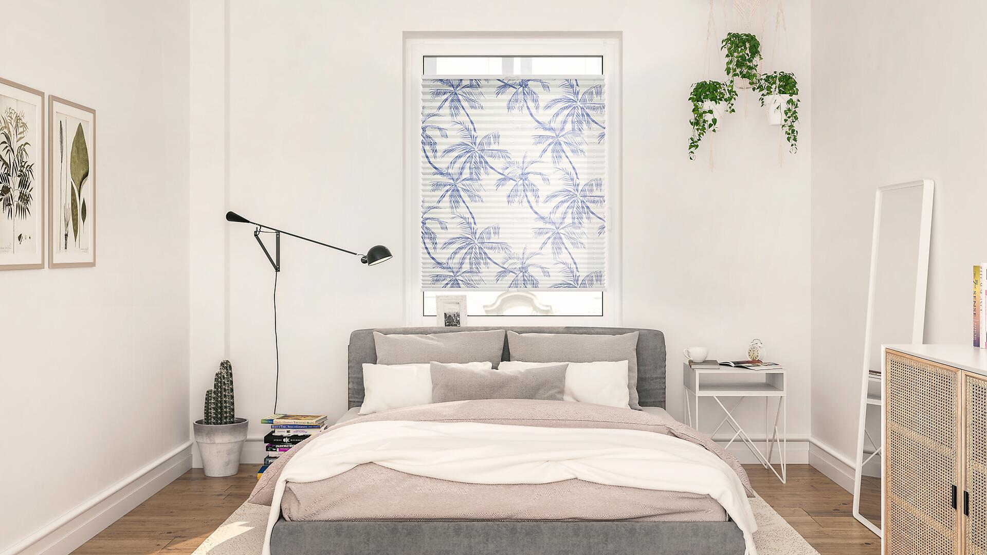 LICHTBLICK Spannplissee Blueprint Palms blau B/L: ca. 45x130 cm