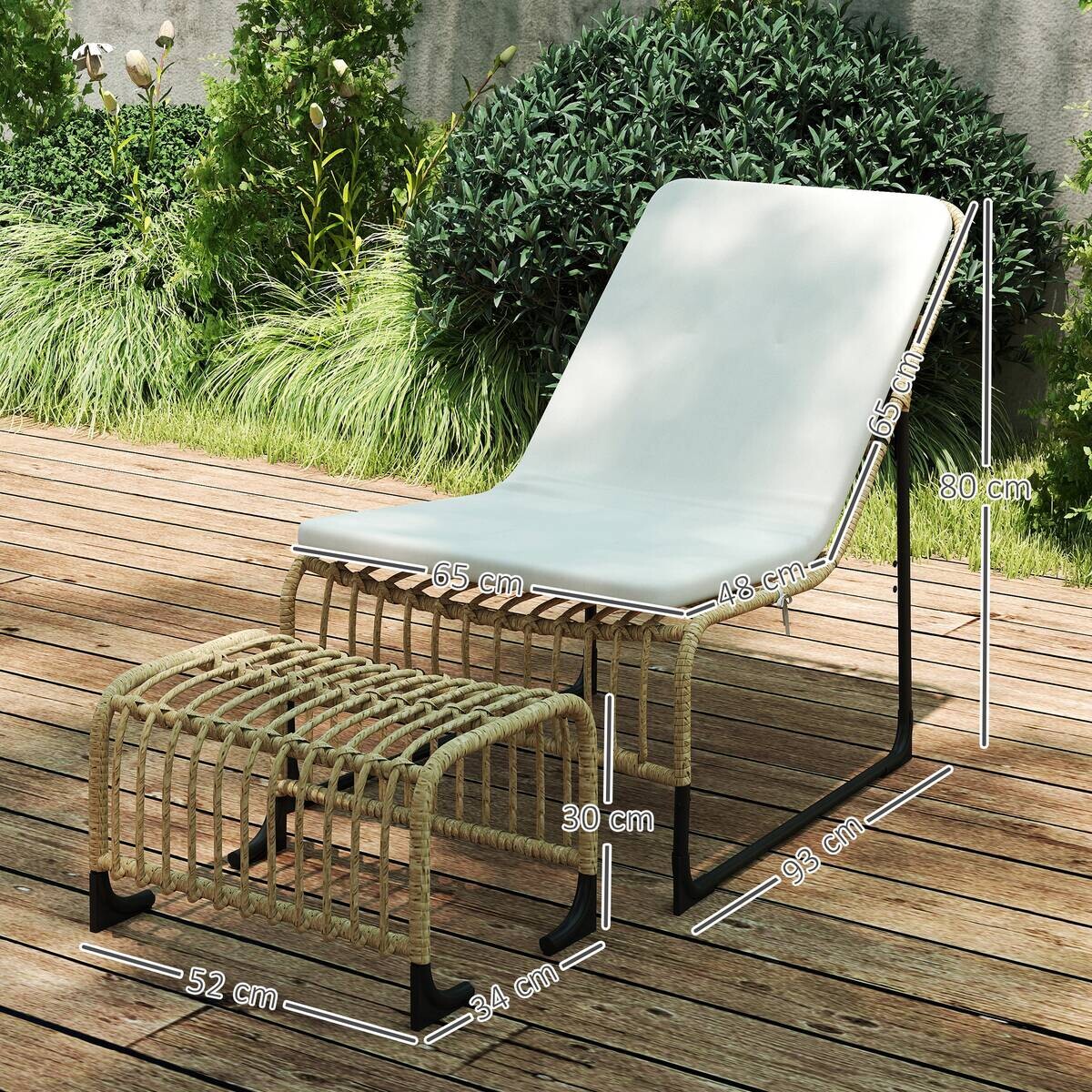 Outsunny Rattan Relaxsessel mit Hocker cremeweiß Stahl B/H/L: ca. 65x80x93 cm