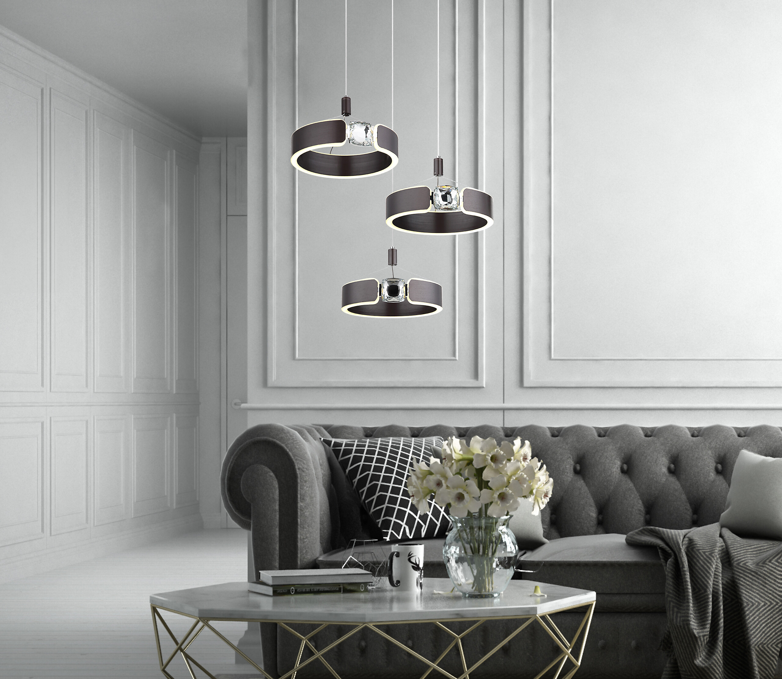 GLOBO LED-Pendelleuchte bronze Opal Metall Acryl H/L: ca. 125x44 cm