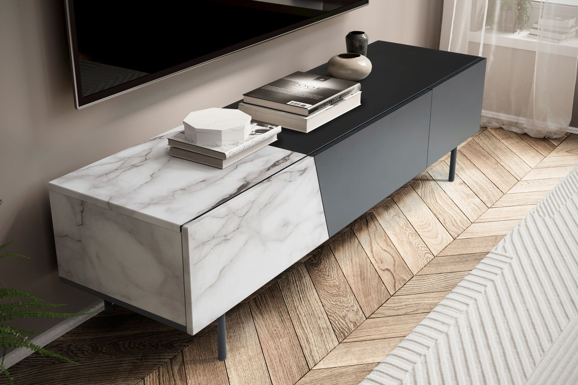 Lowboard weiß Marmor Optik B/H/T: ca. 150x40x40 cm