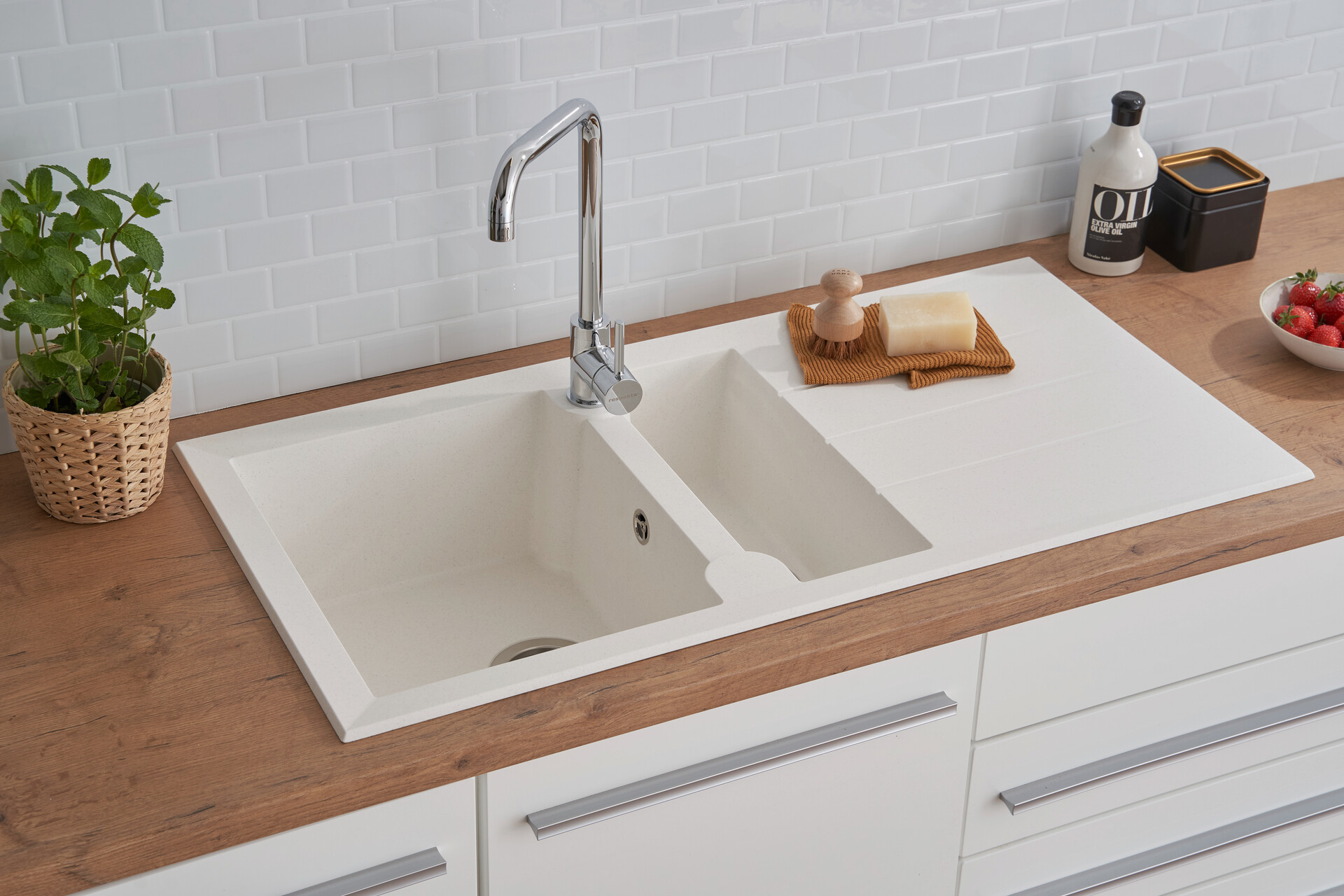 Respekta Einbauspüle Alineo 100 x 50 W weiß Quarzolite B/H/T: ca. 100x21x50 cm