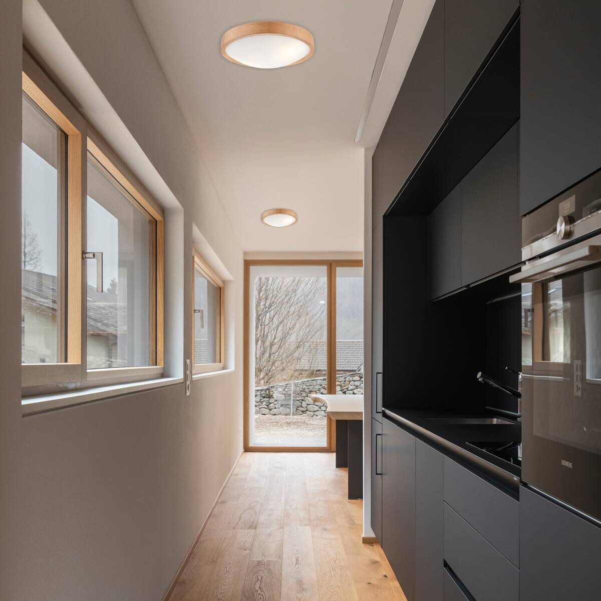 Lamkur Deckenleuchte Anello Eiche Glas Holz H/L: ca. 8x37 cm E27 2 Brennstellen