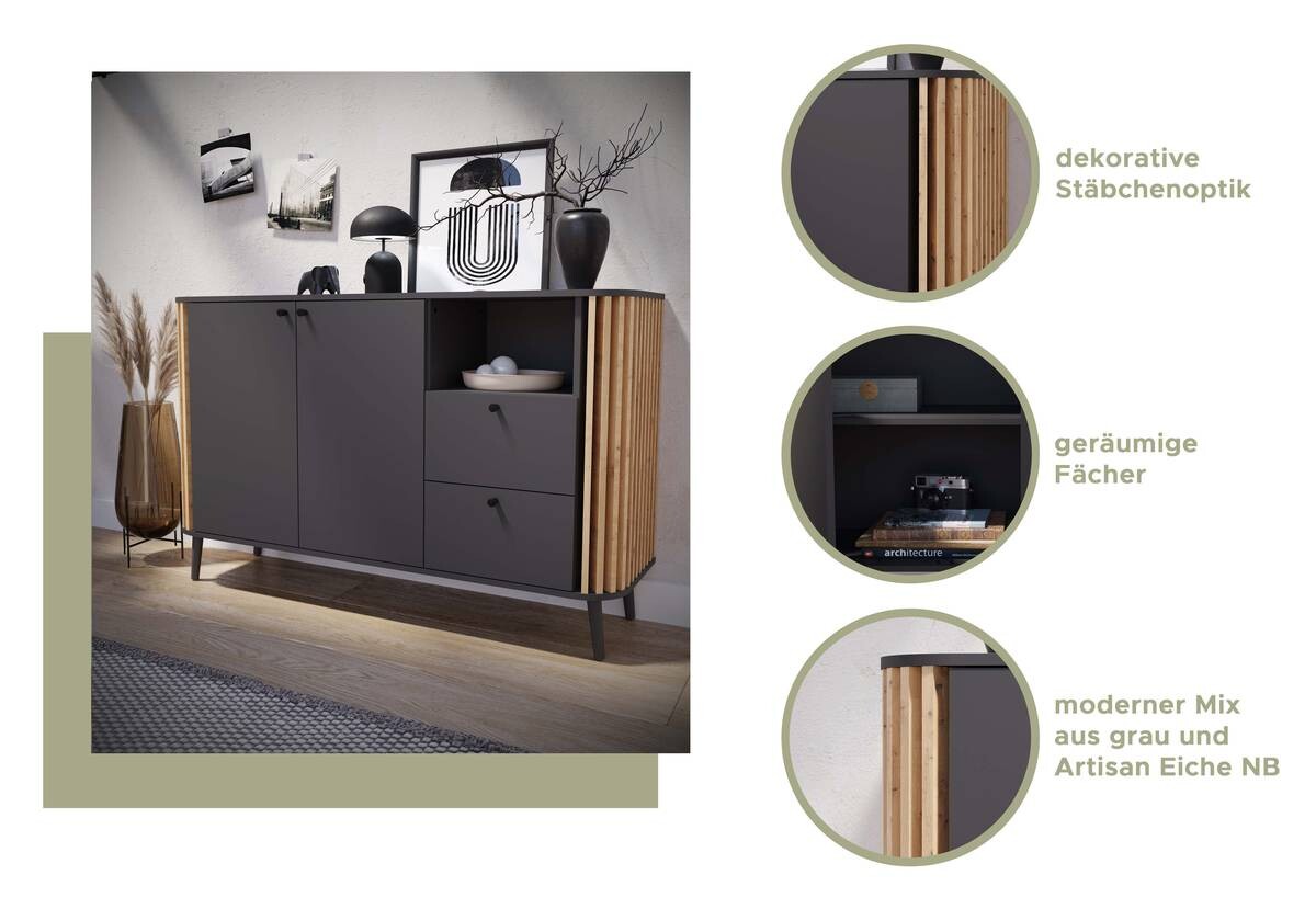 Lowboard PURE grau Eiche Artisan Nachbildung B/H/T: ca. 138x50x40 cm