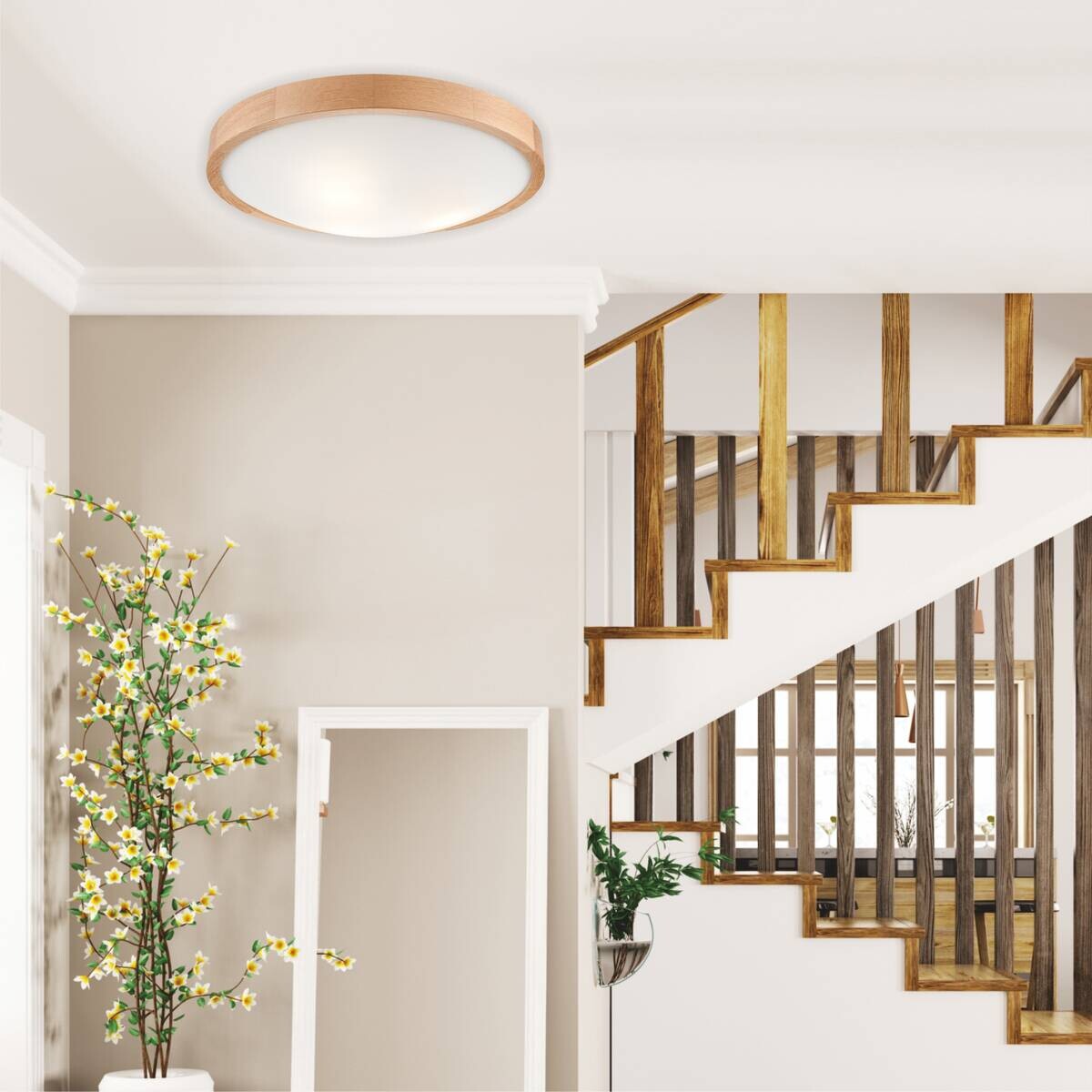 Lamkur Deckenleuchte ANELLO 41308 Eiche Glas Holz H/L: ca. 8x47 cm E27 3 Brennstellen