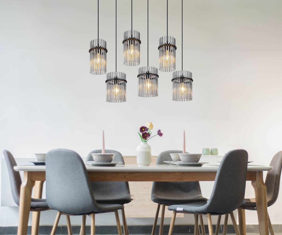 GLOBO Pendelleuchte mattschwarz Rauch schwarz Glas Metall B/H: ca. 92,5x125 cm E27 6 Brennstellen