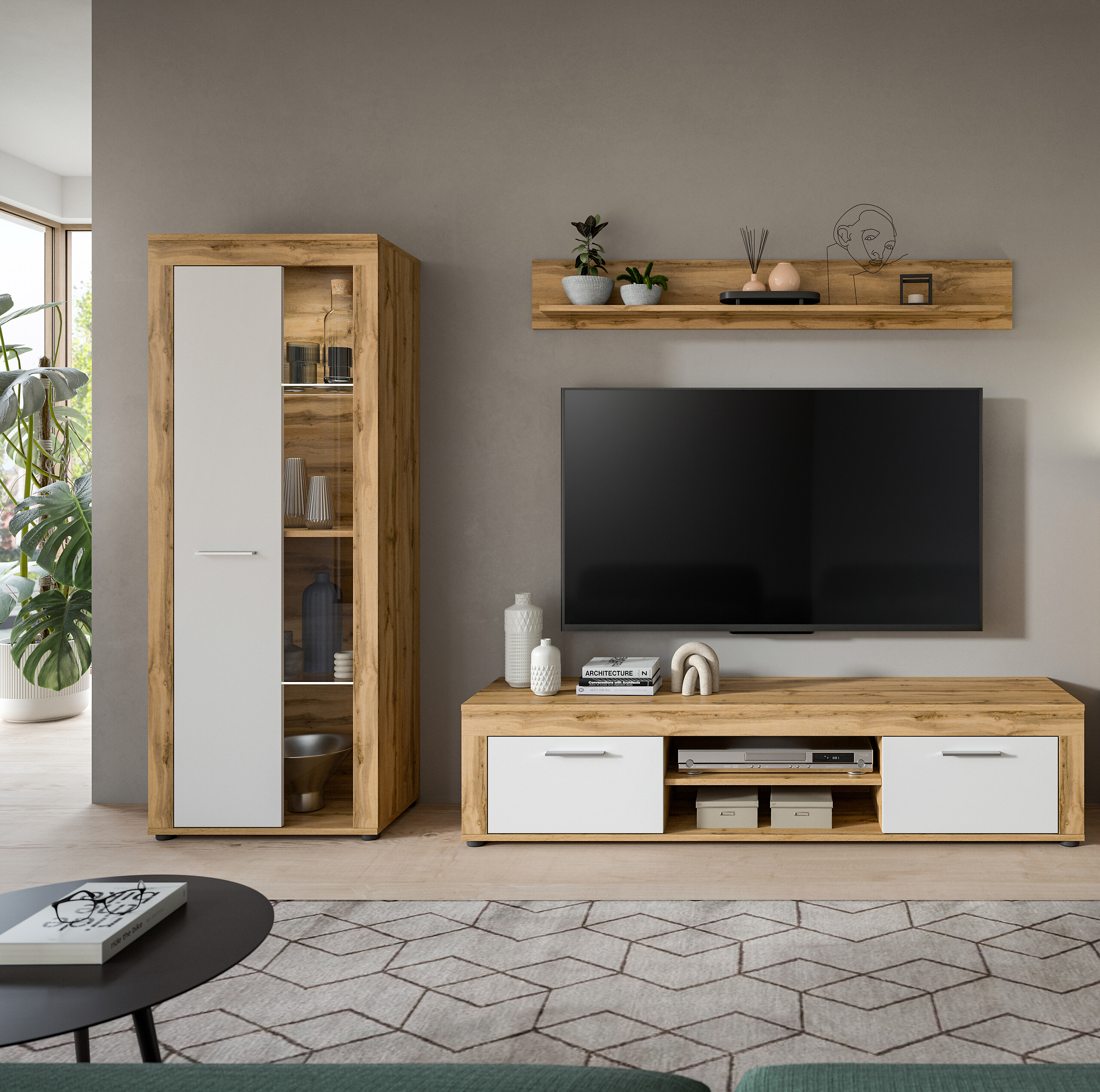 Wohnwand Jam Eiche Wotan Nachbildung weiß B/H/T: ca. 235x159x35 cm Wohnwand Jam Eiche Wotan Nachbildung weiß B/H/T: ca. 235x159x35 cm