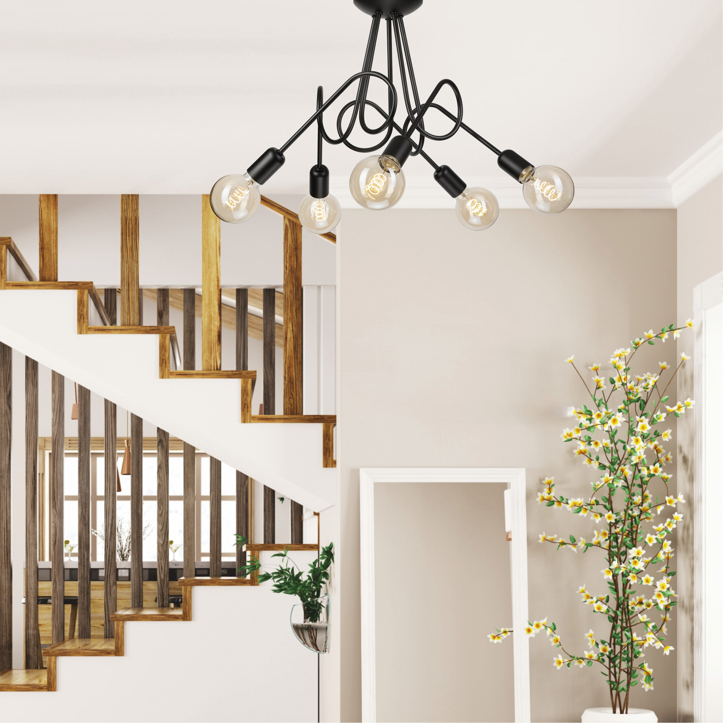 Lamkur Kronleuchter schwarz Stahl B/H/L: ca. 39x54x54 cm E27 5 Brennstellen