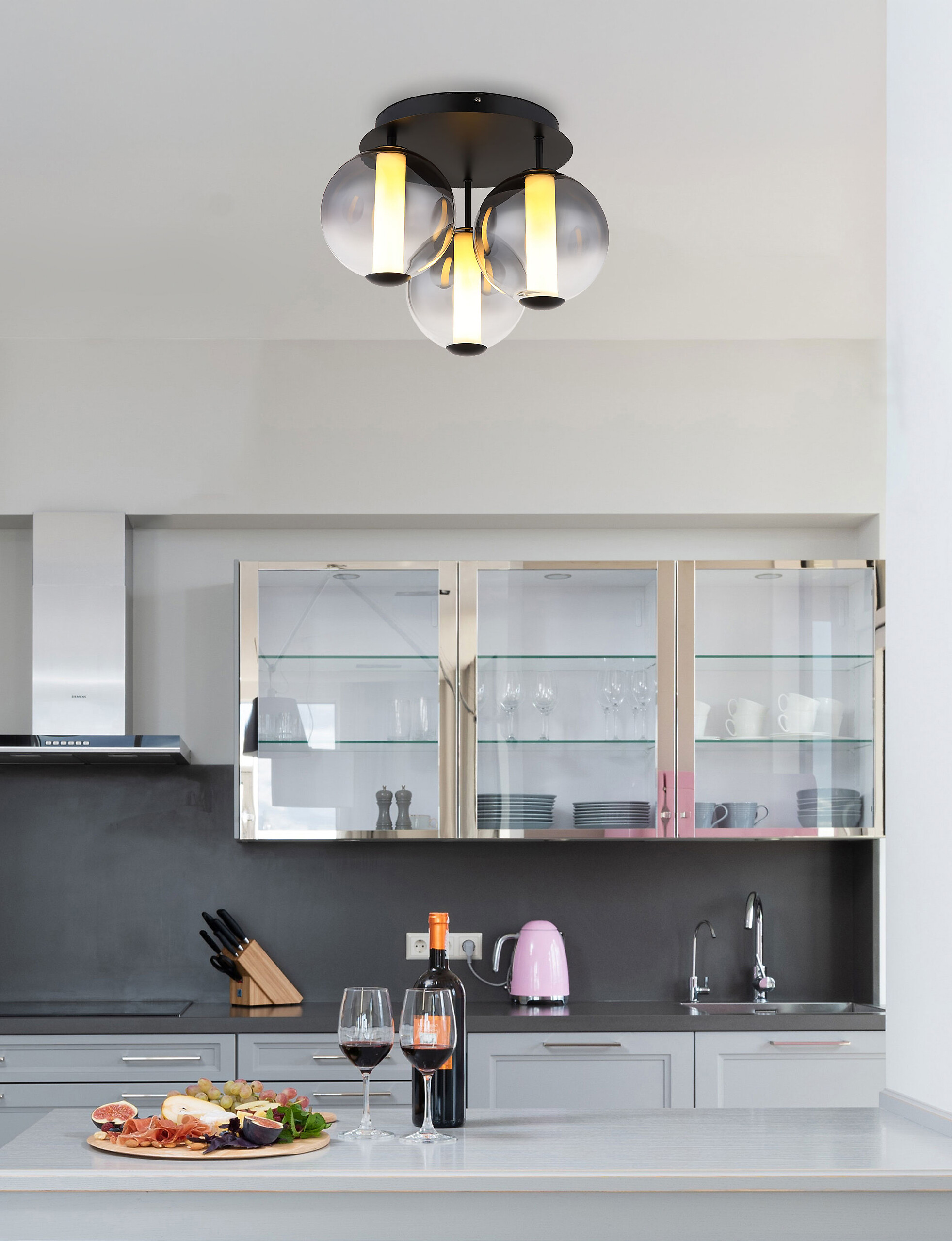 GLOBO Deckenleuchte Rauch Opal mattschwarz Metall Glas H/D: ca. 29,5x38 cm 1 Brennstellen