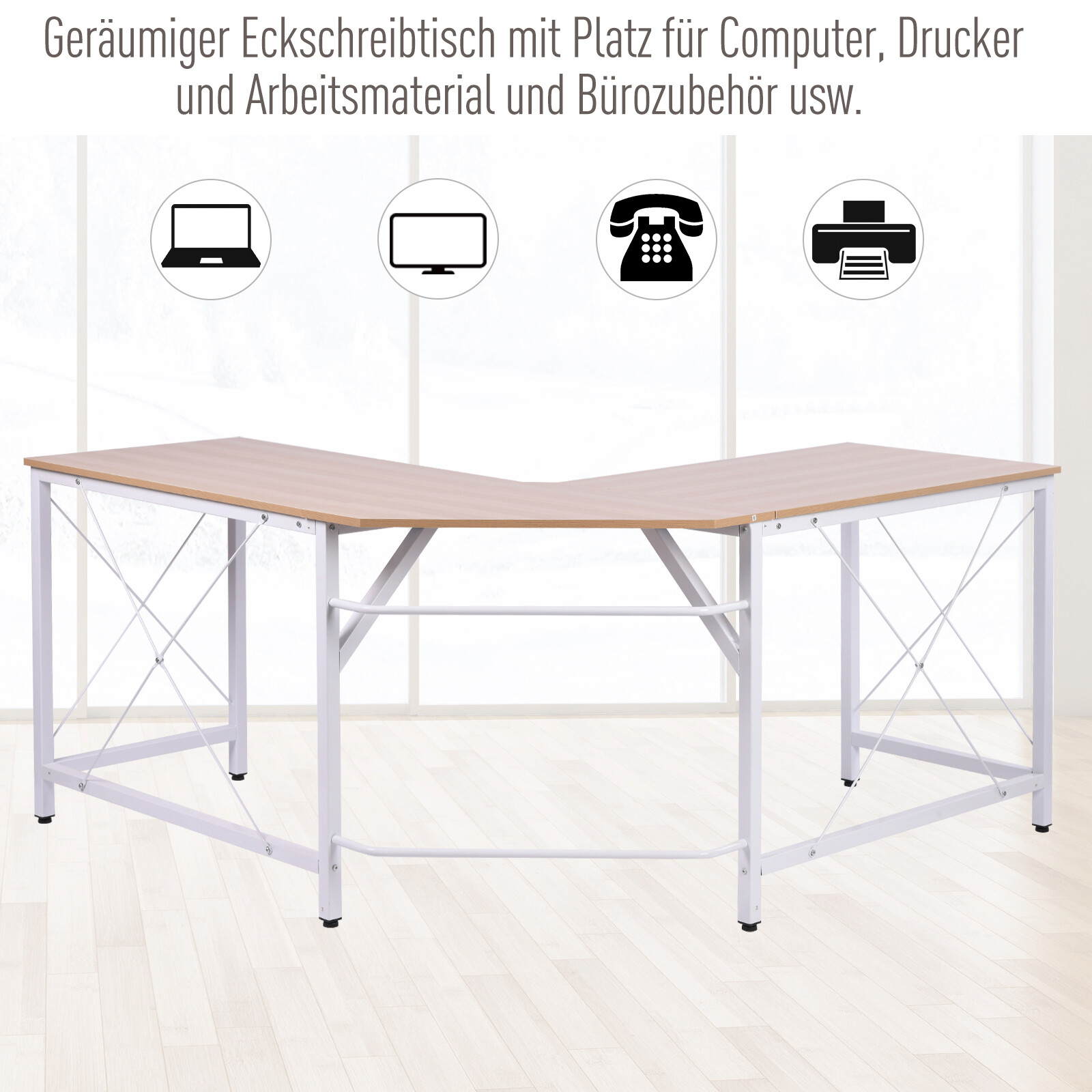 Computertisch 836-122AK natur weiß B/H/L: ca. 150x76x150 cm