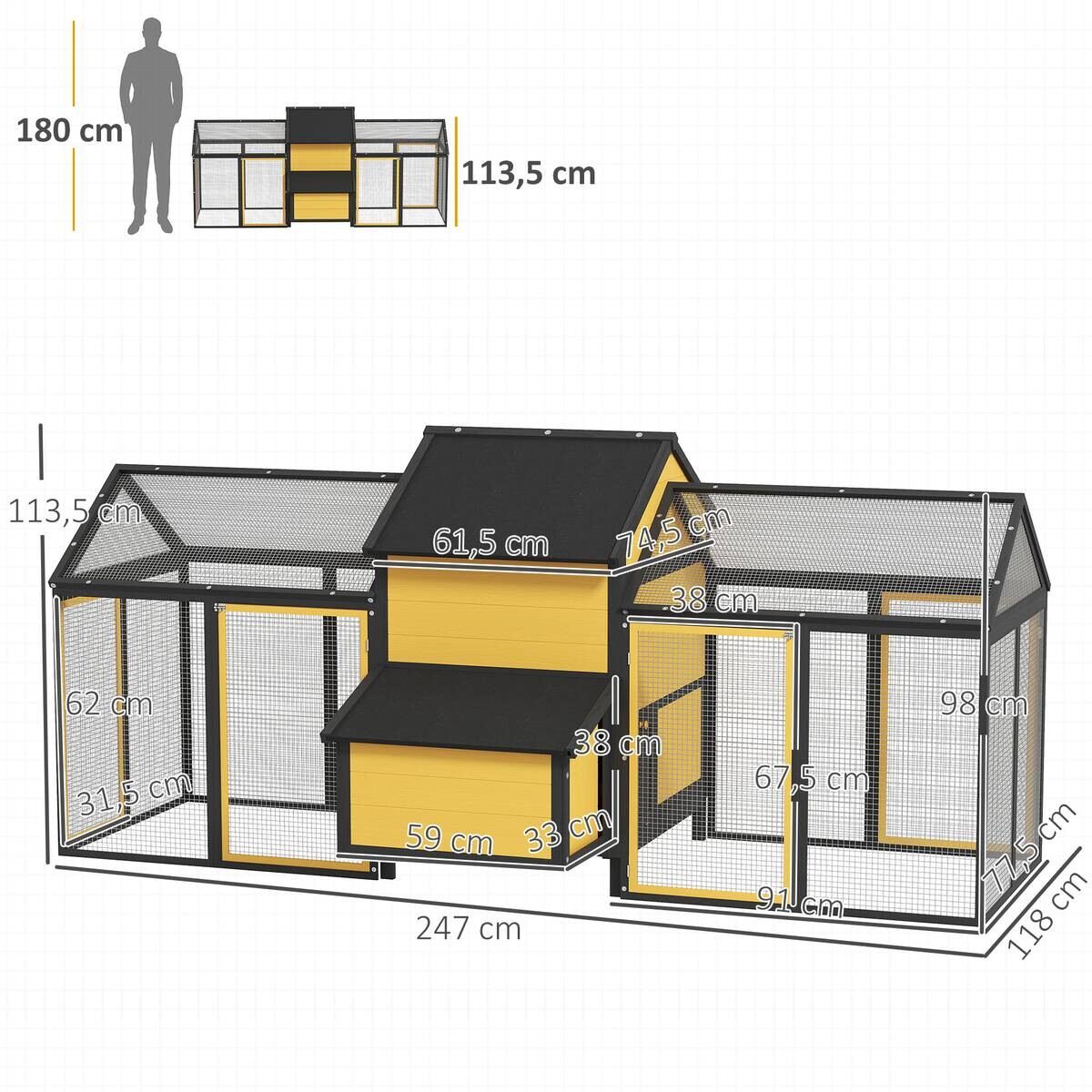 PawHut Hühnerstall gelb Holz B/H/L: ca. 125x113,5x247 cm