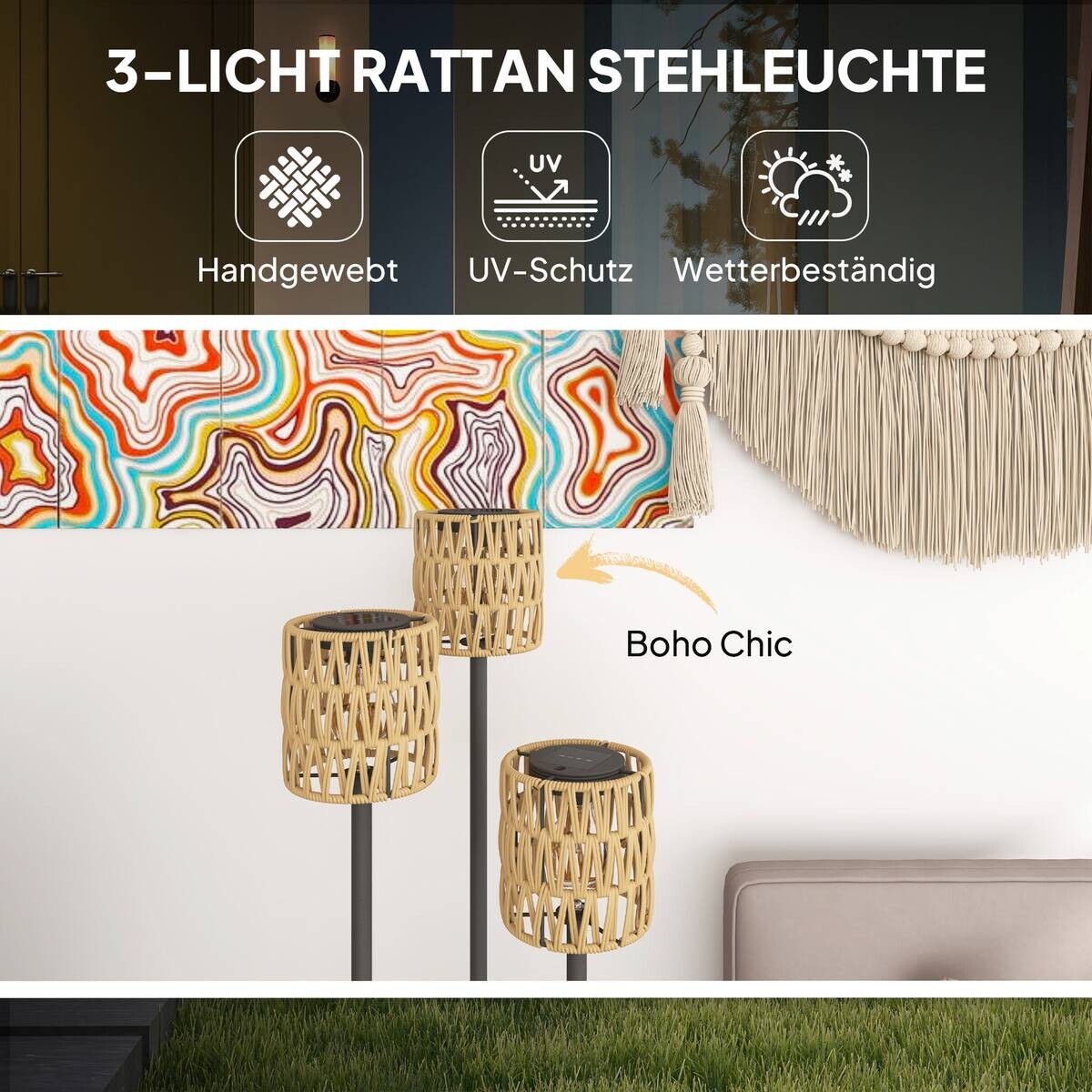 Outsunny Stehlampe gelb Rattan Stahl B/H/L: ca. 37x144x37 cm