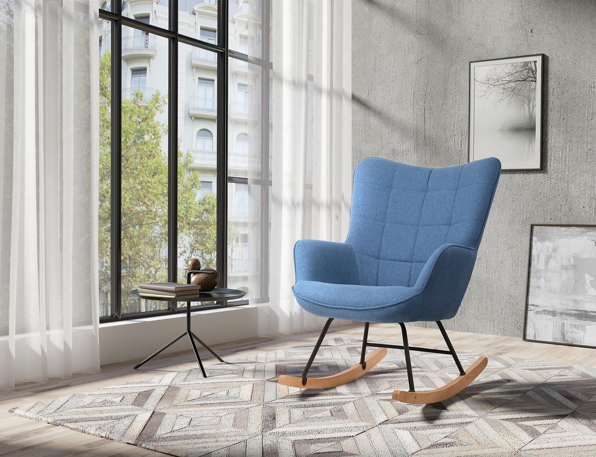 byLIVING Schaukelstuhl RICHIE blau schwarz natur Webstoff Metall Buche B/H/T: ca. 72x92x92 cm