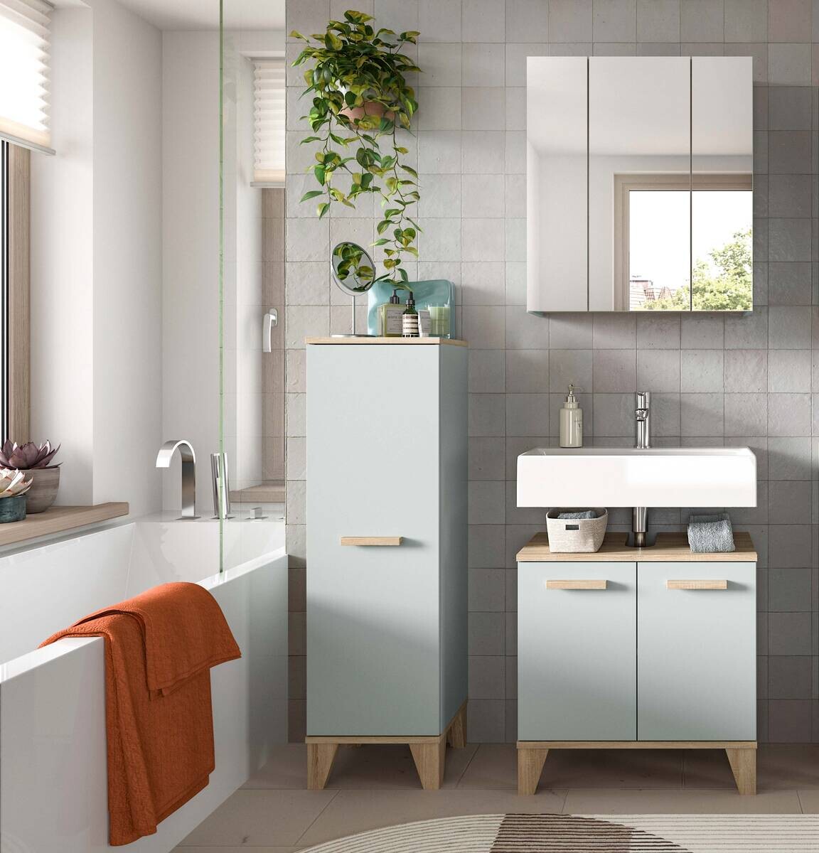 Badezimmer-Set STAR hellgrün Eiche hell Nachbildung B/H/T: ca. 109x190x34 cm