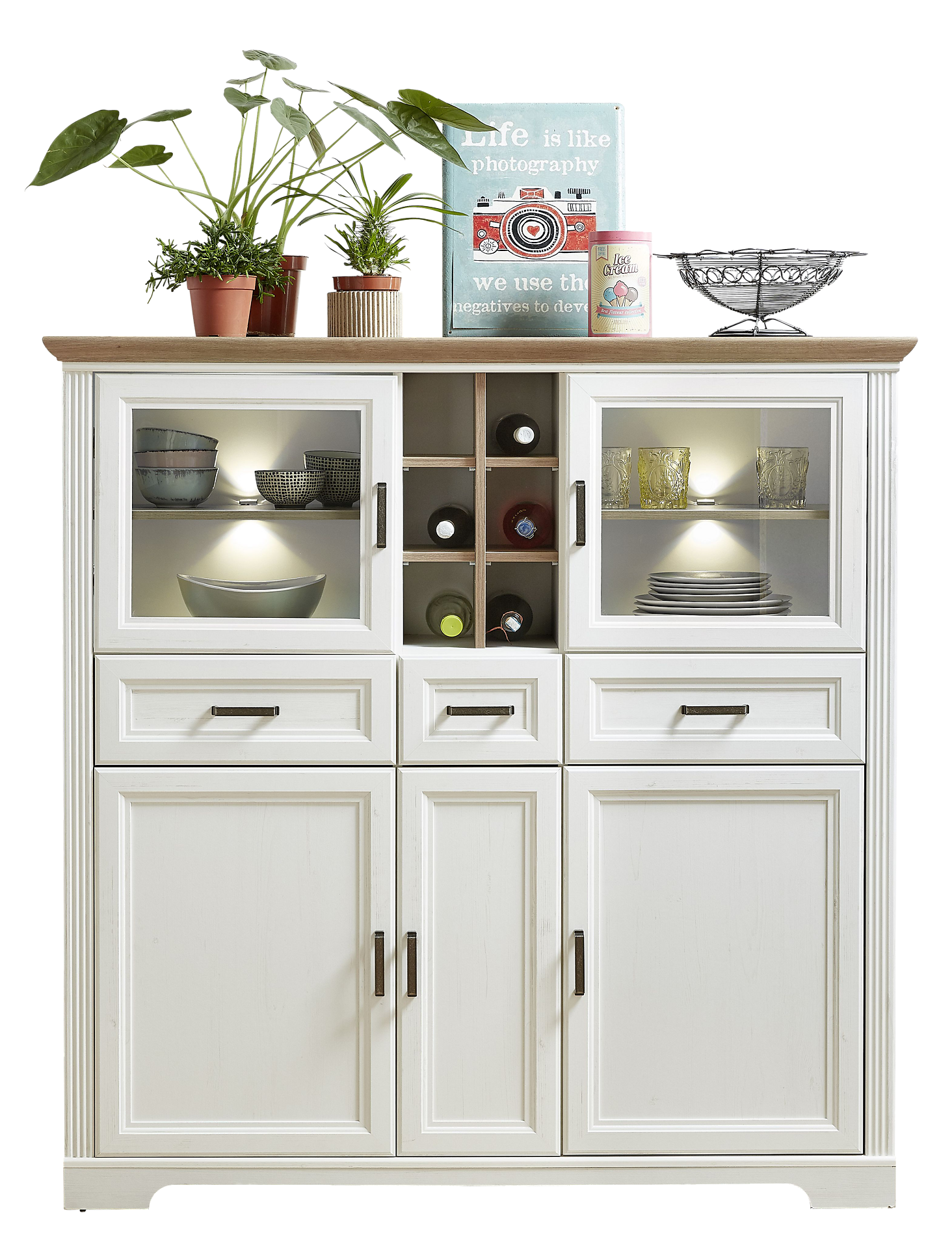 Highboard Jasmin weiß Pinie Nachbildung Eiche Artisan Nachbildung B/H/T: ca. 143x150x42 cm