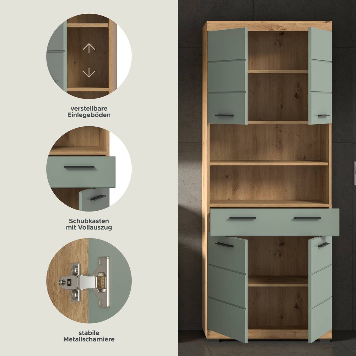 Badhochschrank Scout Eiche Artisan Nachbildung salbei Nachbildung B/H/T: ca. 74x191x31 cm