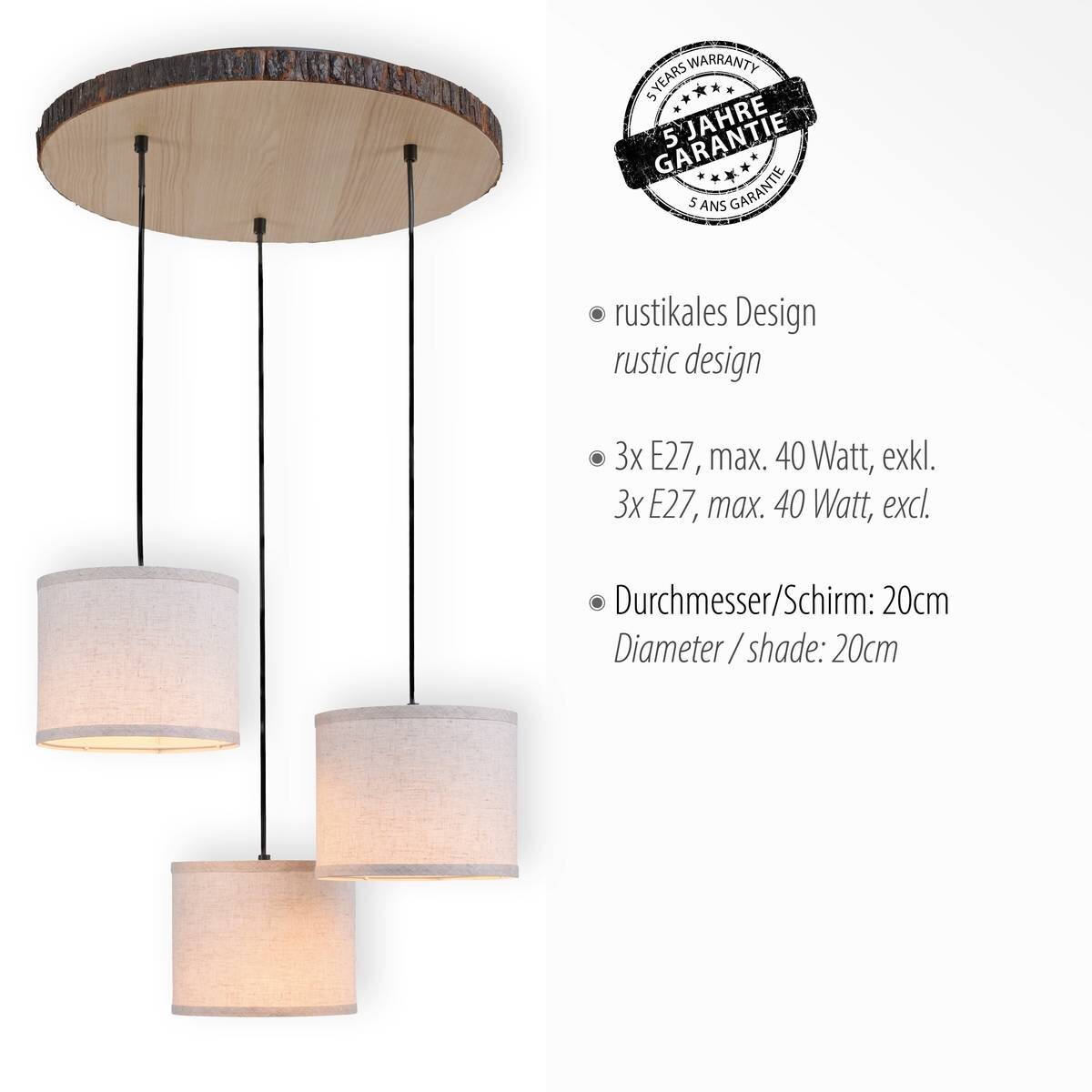 Just Light Deckenleuchte BARK 11236-79 weiß natur Holz Eisen Stoff H/D: ca. 120x52 cm E27 3 Brennstellen