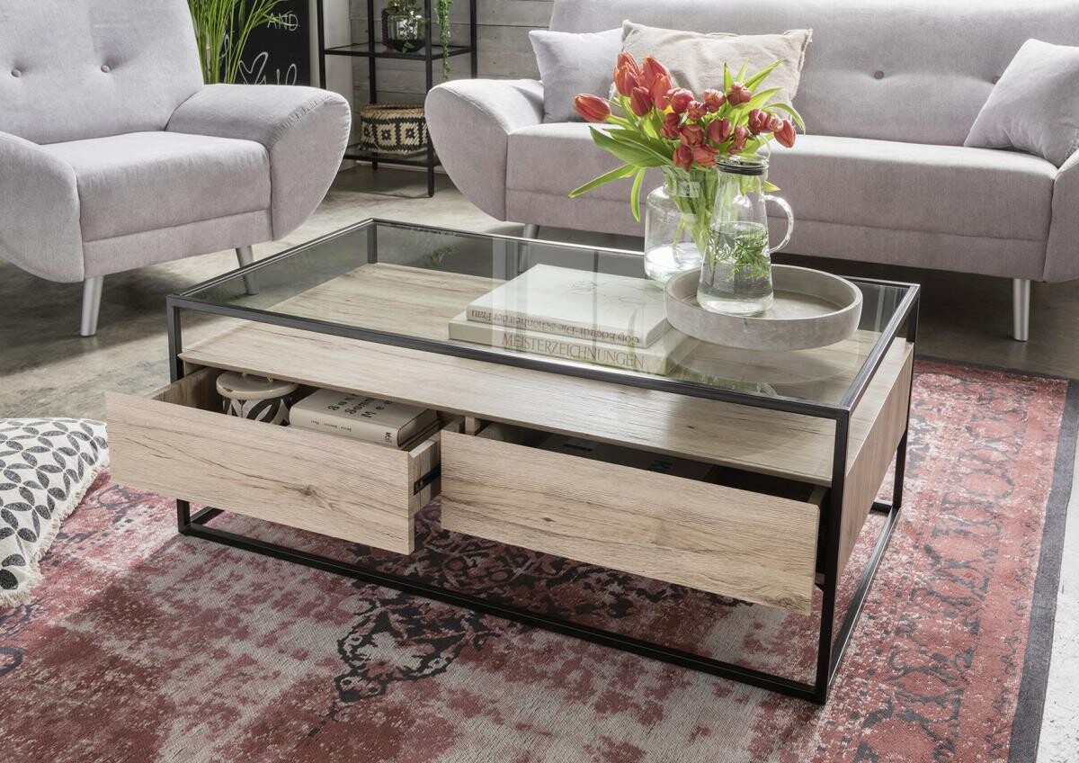 Couchtisch Bozen II glasklar Eiche Sonoma schwarz B/H/T: ca. 110x42x60 cm