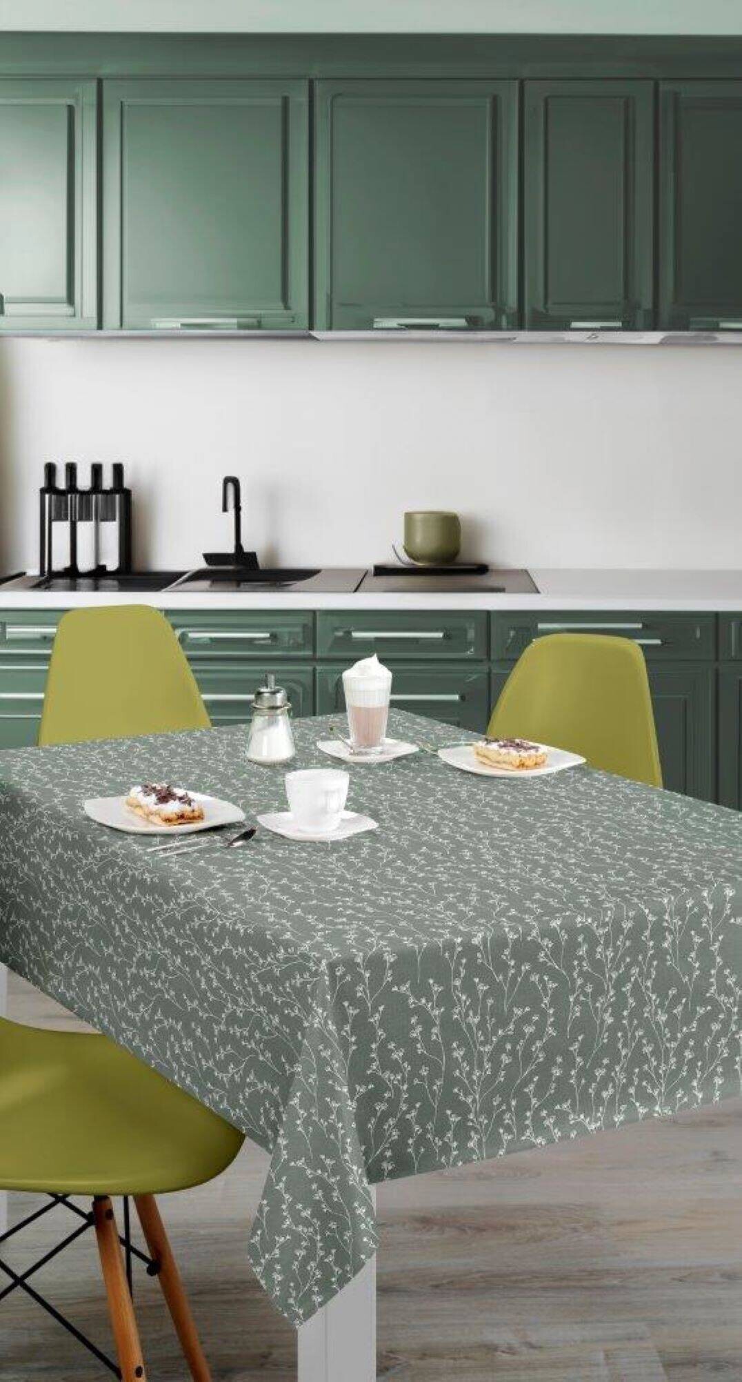 Milano Abwaschbarer Tischbelag Allover Ranke salbeigrün B: ca. 140 cm