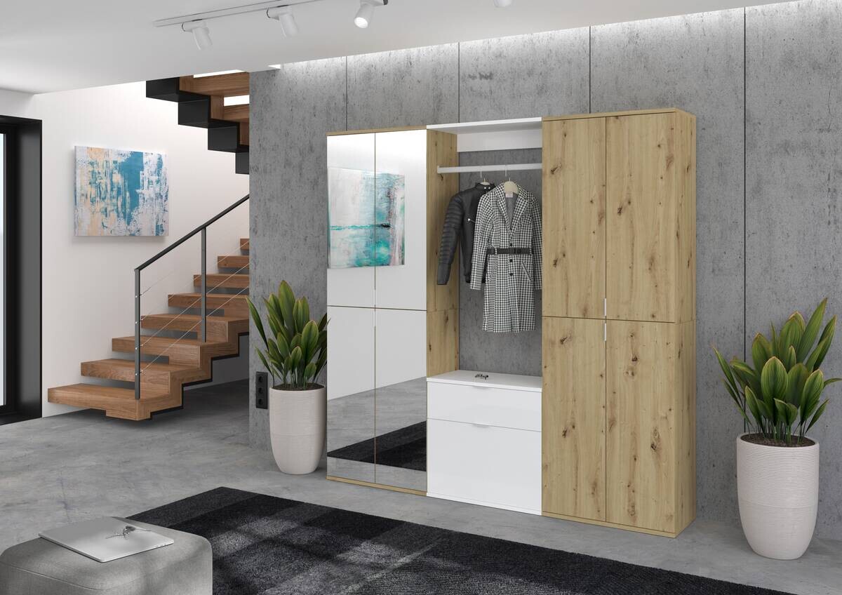 Garderobe PROJEKT Eiche Artisan Nachbildung weiß Hochglanz Spiegel B/H/T: ca. 183x193x34 cm Garderobe PROJEKT Eiche Artisan Nachbildung weiß Hochglanz Spiegel B/H/T: ca. 183x193x34 cm