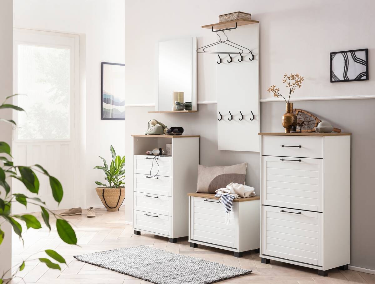 Schuhbank Jelda weiß matt Eiche Landhaus Nachbildung B/H/T: ca. 62x47,2x34,1 cm Schuhbank Jelda weiß matt Eiche Landhaus Nachbildung B/H/T: ca. 62x47,2x34,1 cm