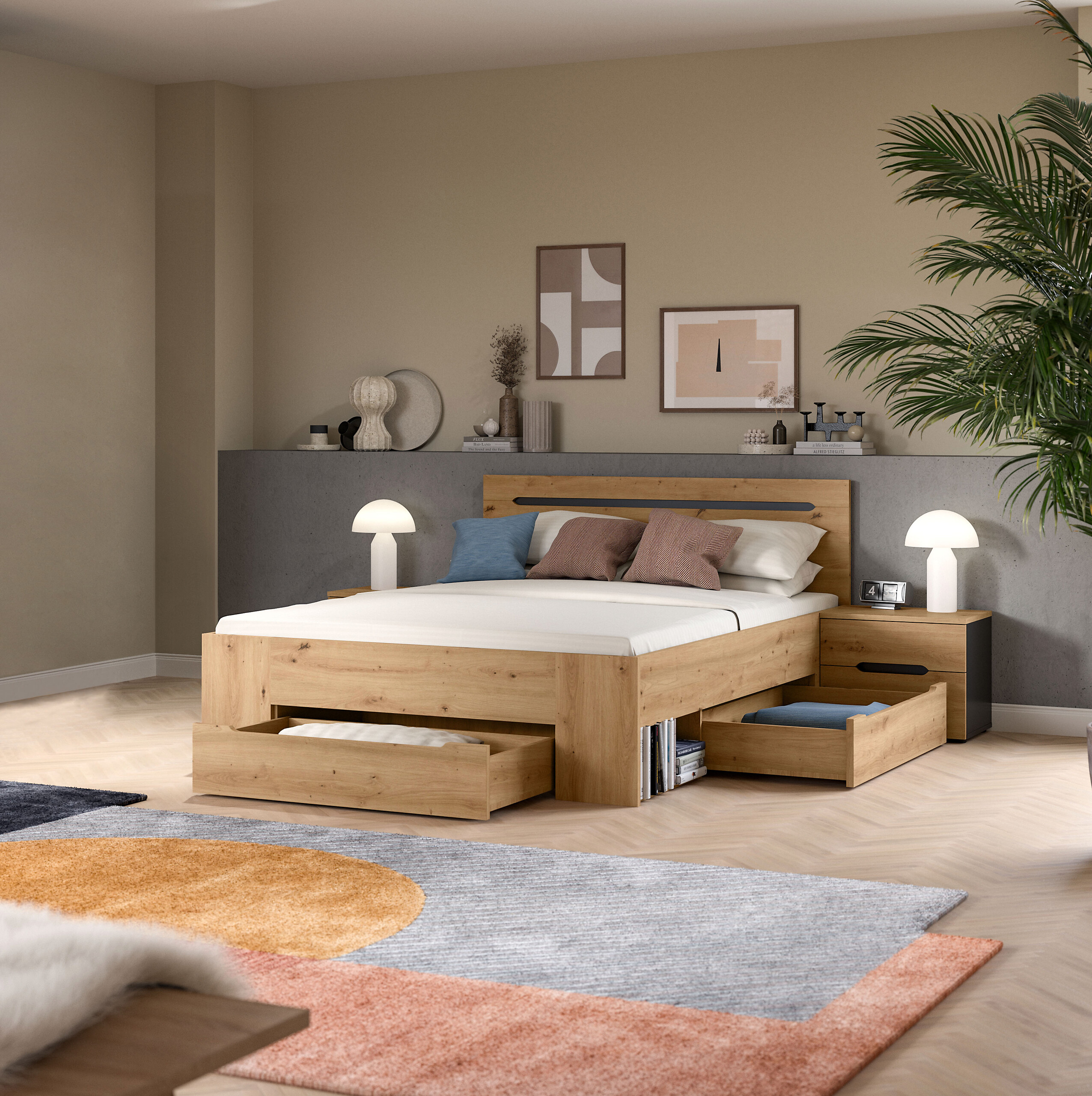 Schlafzimmer CANU, Set basaltgrau Artisan Nachbildung B/H/T: ca. 244x87x205 cm