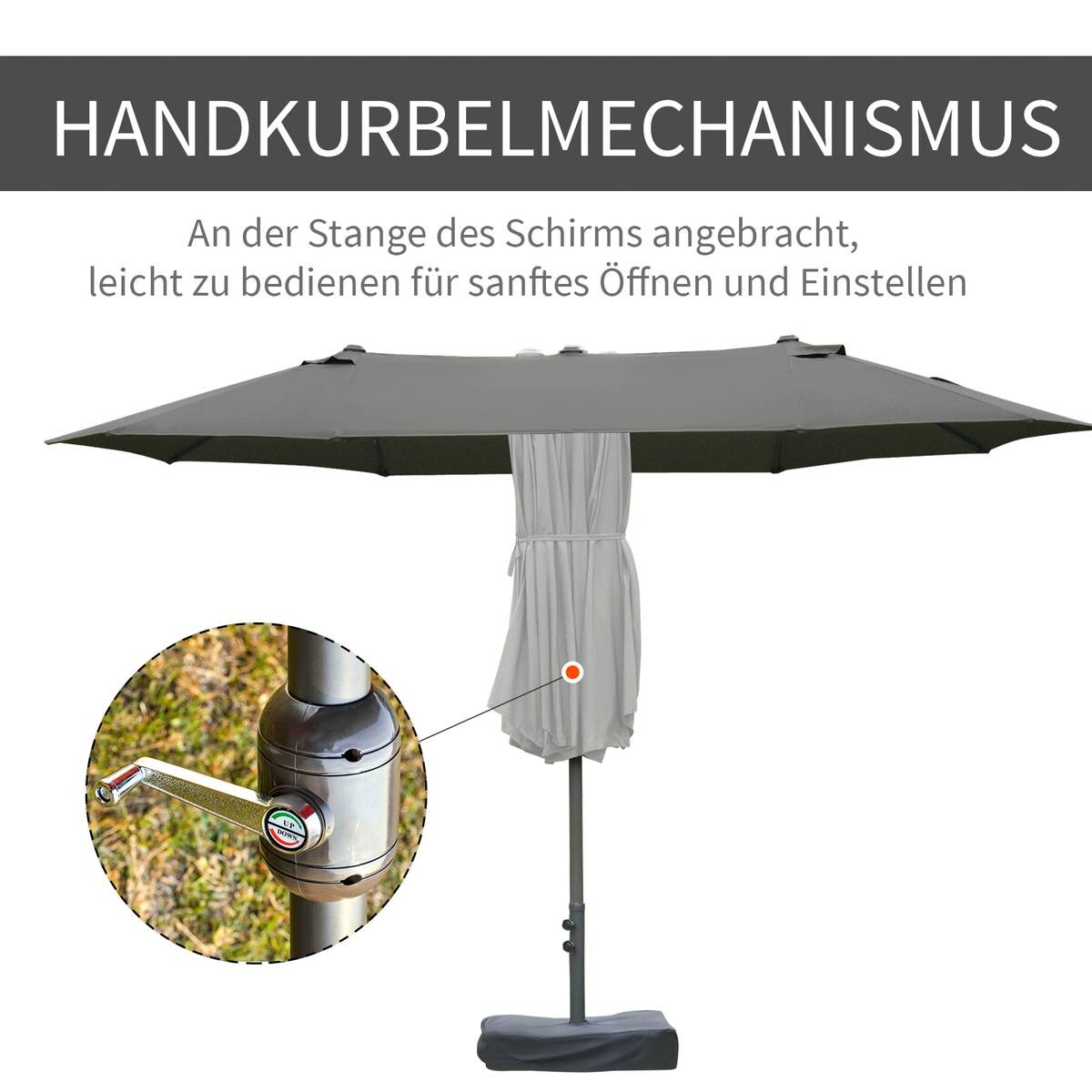 Outsunny Doppel-Sonnenschirm mit Handkurbel dunkelgrau Stahl B/H/L: ca. 270x240x460 cm