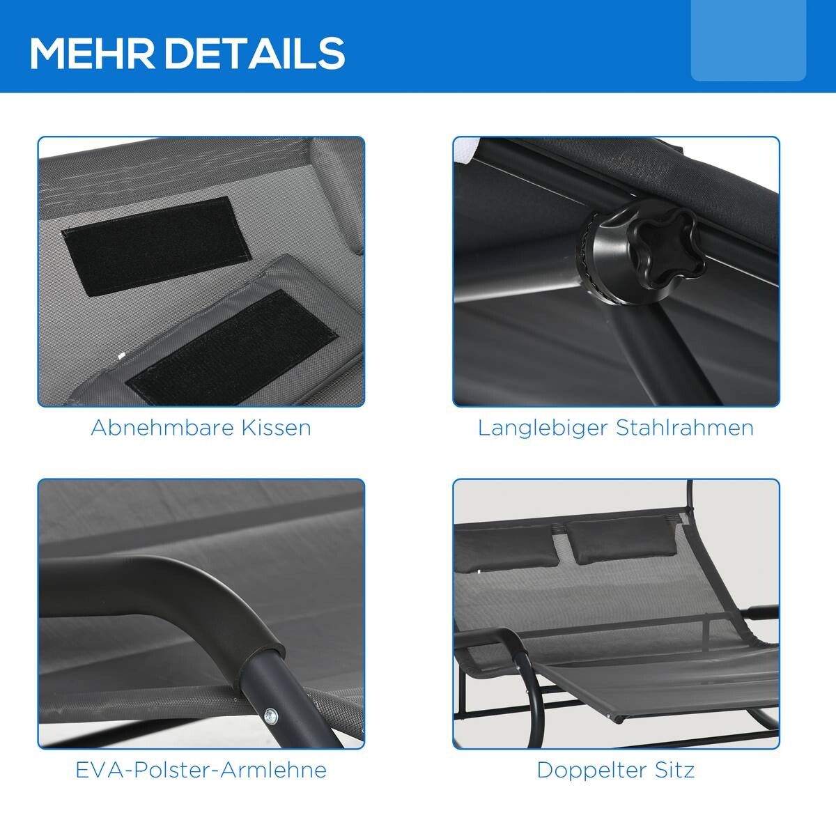 Outsunny Doppel-Sonnenliege dunkelgrau Schaumstoff B/H/L: ca. 139x140x200 cm