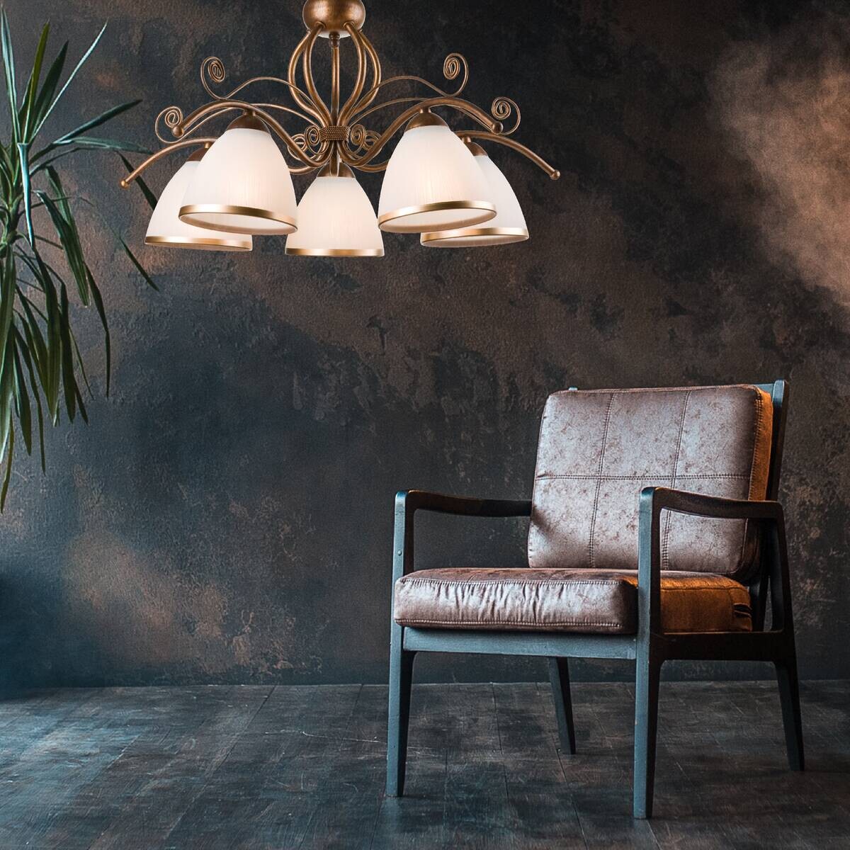 Lamkur Pendelleuchte Retro II braun Stahl Glas H/L: ca. 73x49 cm E27 5 Brennstellen