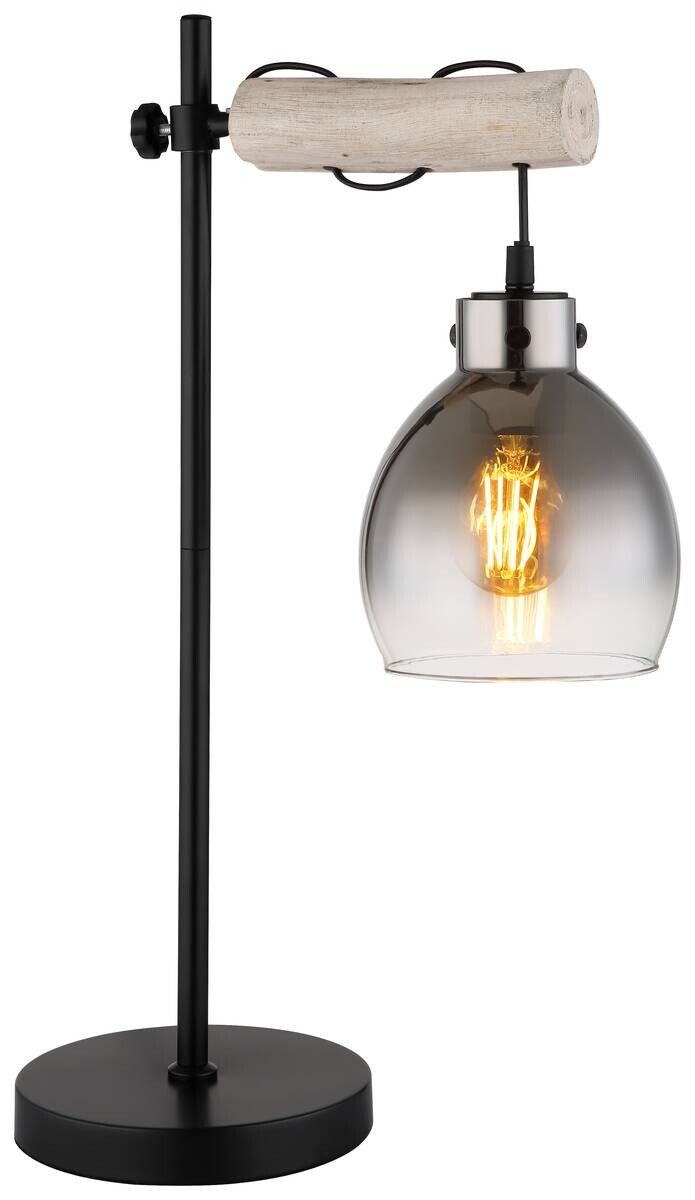 GLOBO Tischleuchte Rauch schwarz natur Glas Holz Metall B/H/T: ca. 18x55x33 cm E27 1 Brennstellen