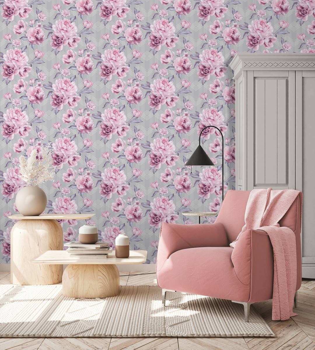 UGEPA Papiertapete Blumen grau rosa weiß B/L: ca. 53x1005 cm glitzernd