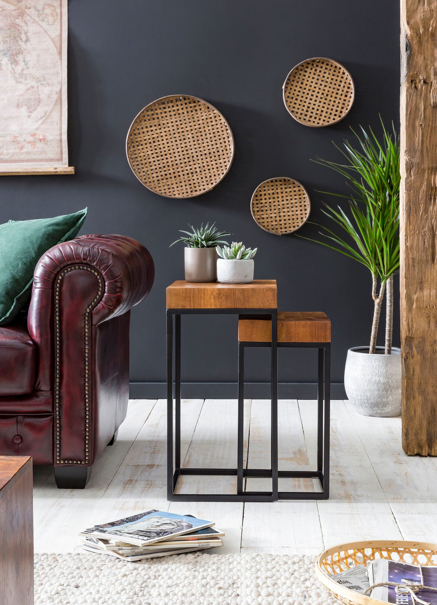 Beistelltisch 2er-Set natur schwarz lackiert Echtholz Eisen