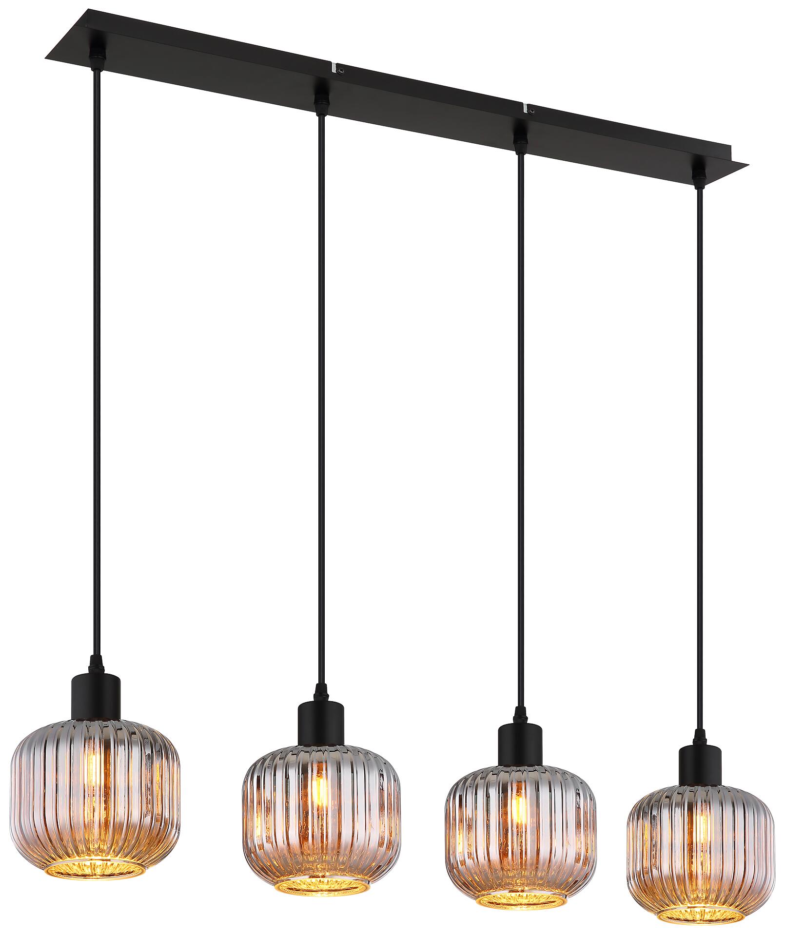 GLOBO Pendelleuchte Tom schwarz Rauch Metall Glas B/H/L: ca. 80,8x120x15 cm E14 4 Brennstellen