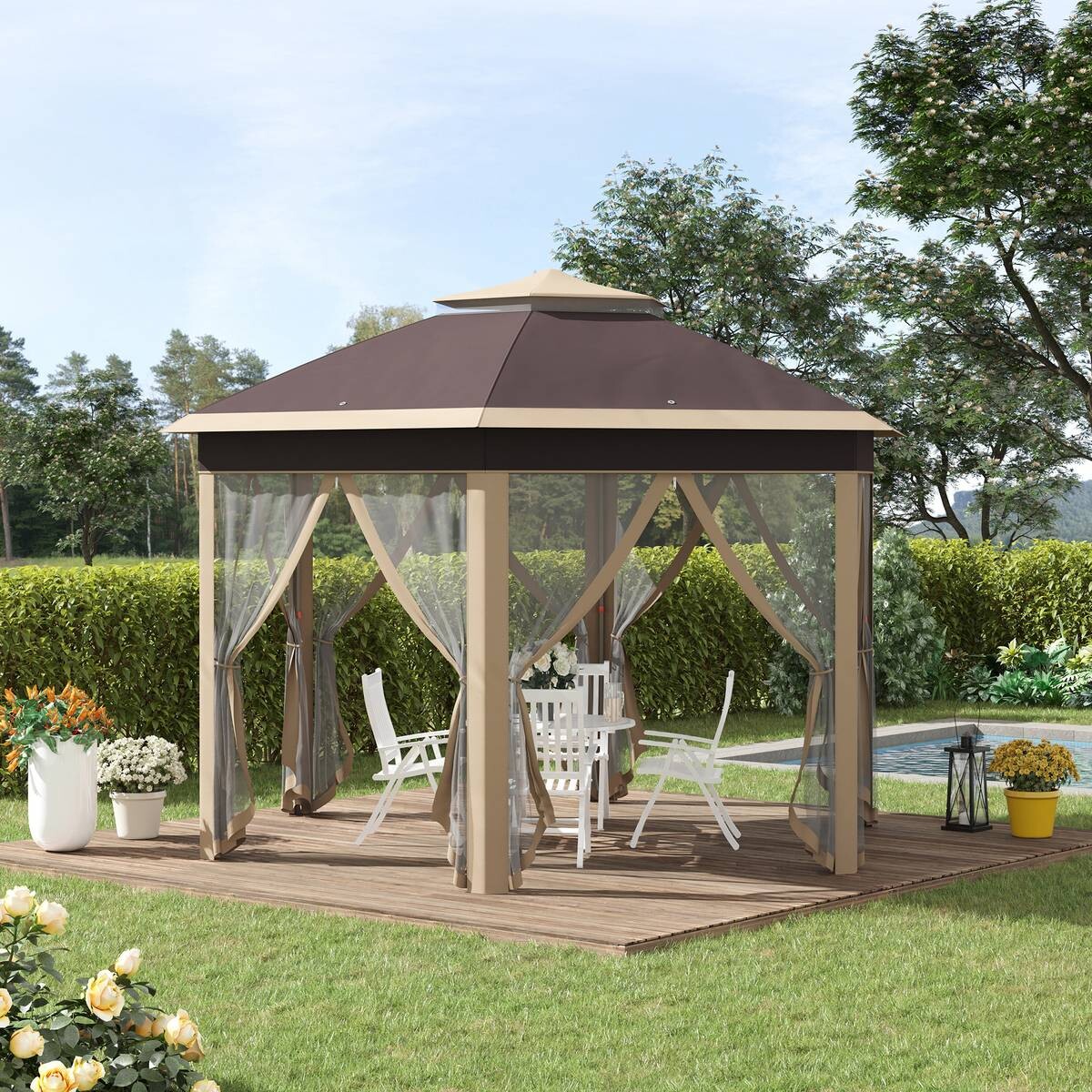 Outsunny Faltpavillon hellbraun Metall B/H/L: ca. 405x285x405 cm