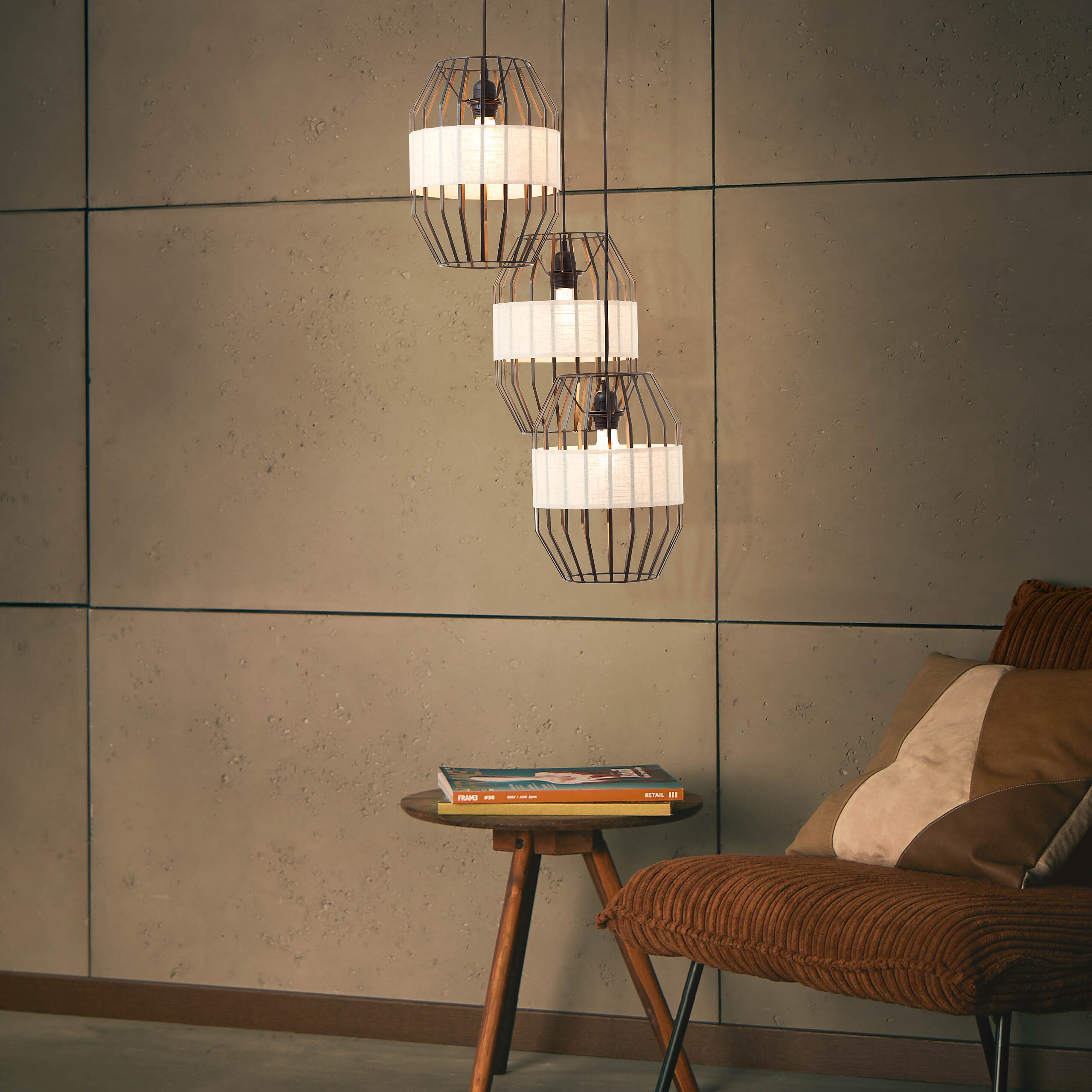 Brilliant Pendelleuchte Slope 99479/76 schwarz natur Metall Textil H/D: ca. 168x43 cm E27 3 Brennstellen