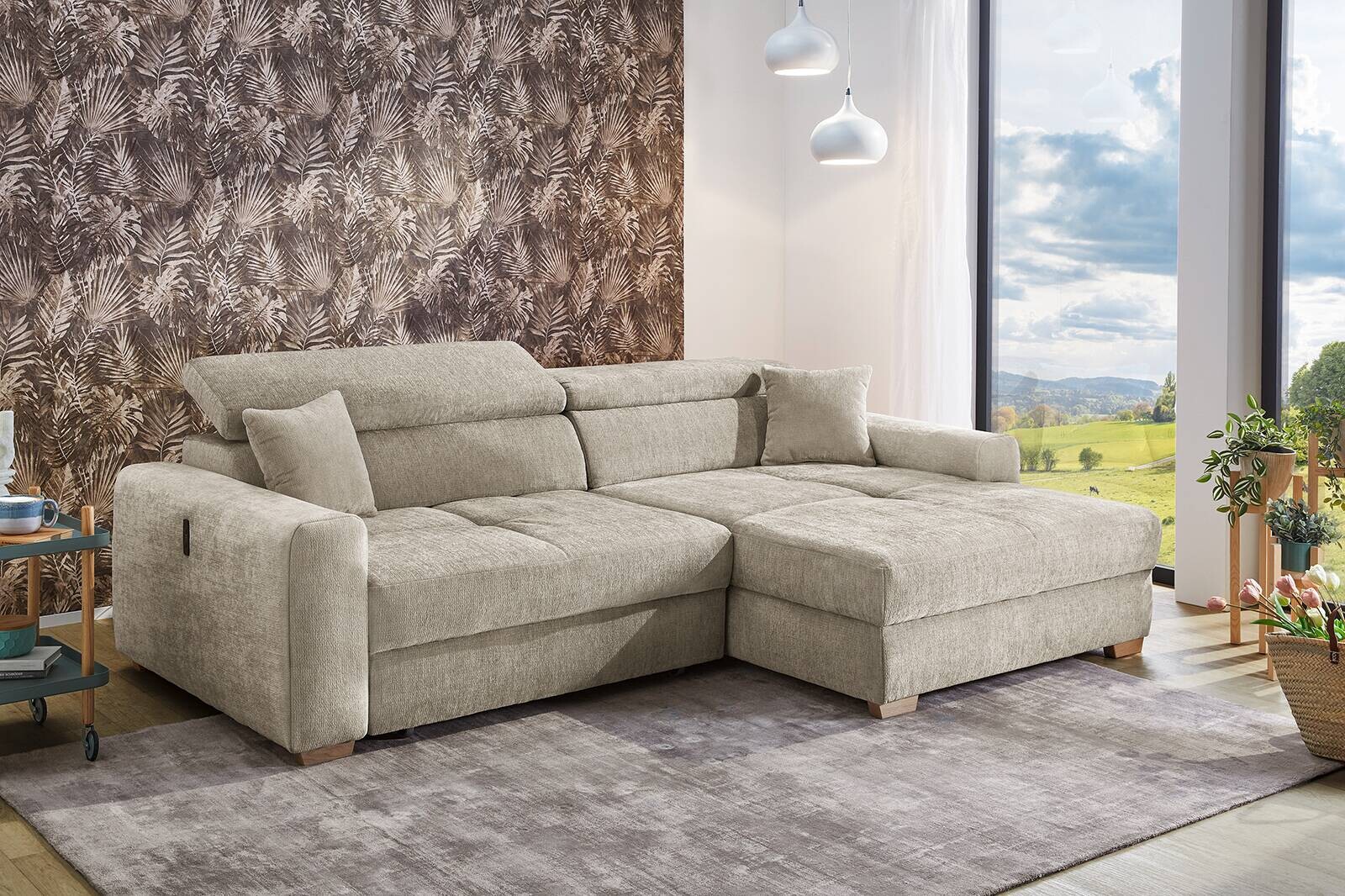 Ecksofa mit elektrischer XXL Sitztiefenverstellung beige Flachgewebe B/H/T: ca. 277x109x187 cm