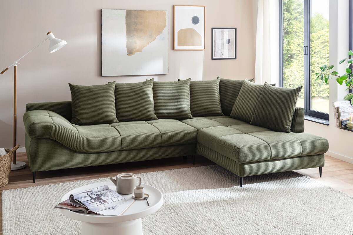Ecksofa mit Bettfunktion und Bettkasten grün Microfaser B/H/T: ca. 299x92x205 cm