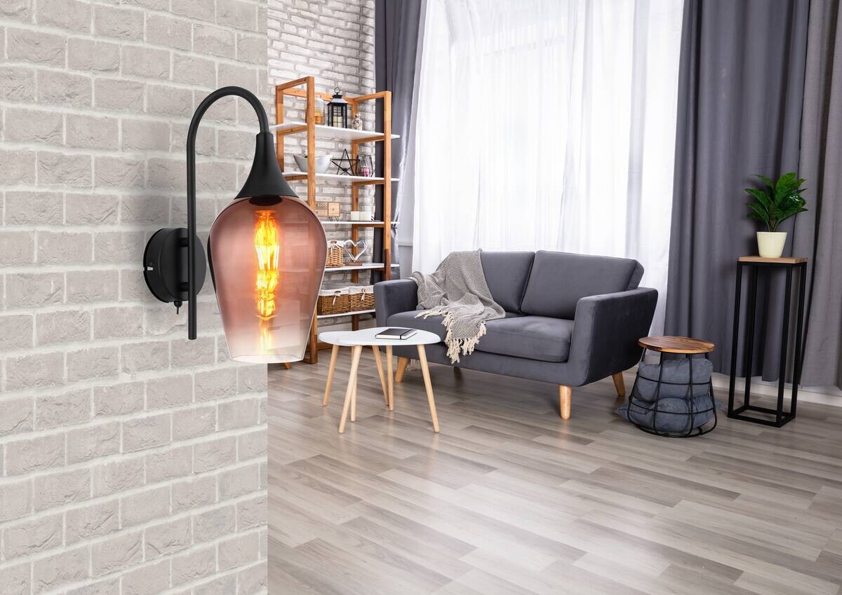 GLOBO Wandleuchte LAVUS 15552W1 klar mattschwarz Kupfer Glas Metall H/L: ca. 36x15 cm E27 1 Brennstellen