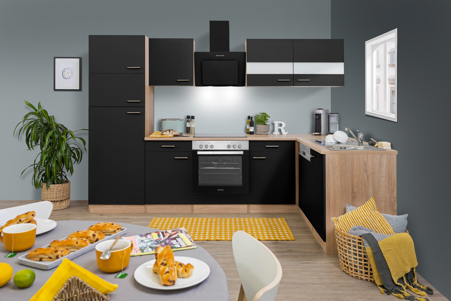 Respekta Winkelküche Economy schwarz matt B/H/T: ca. 280x200x172 cm